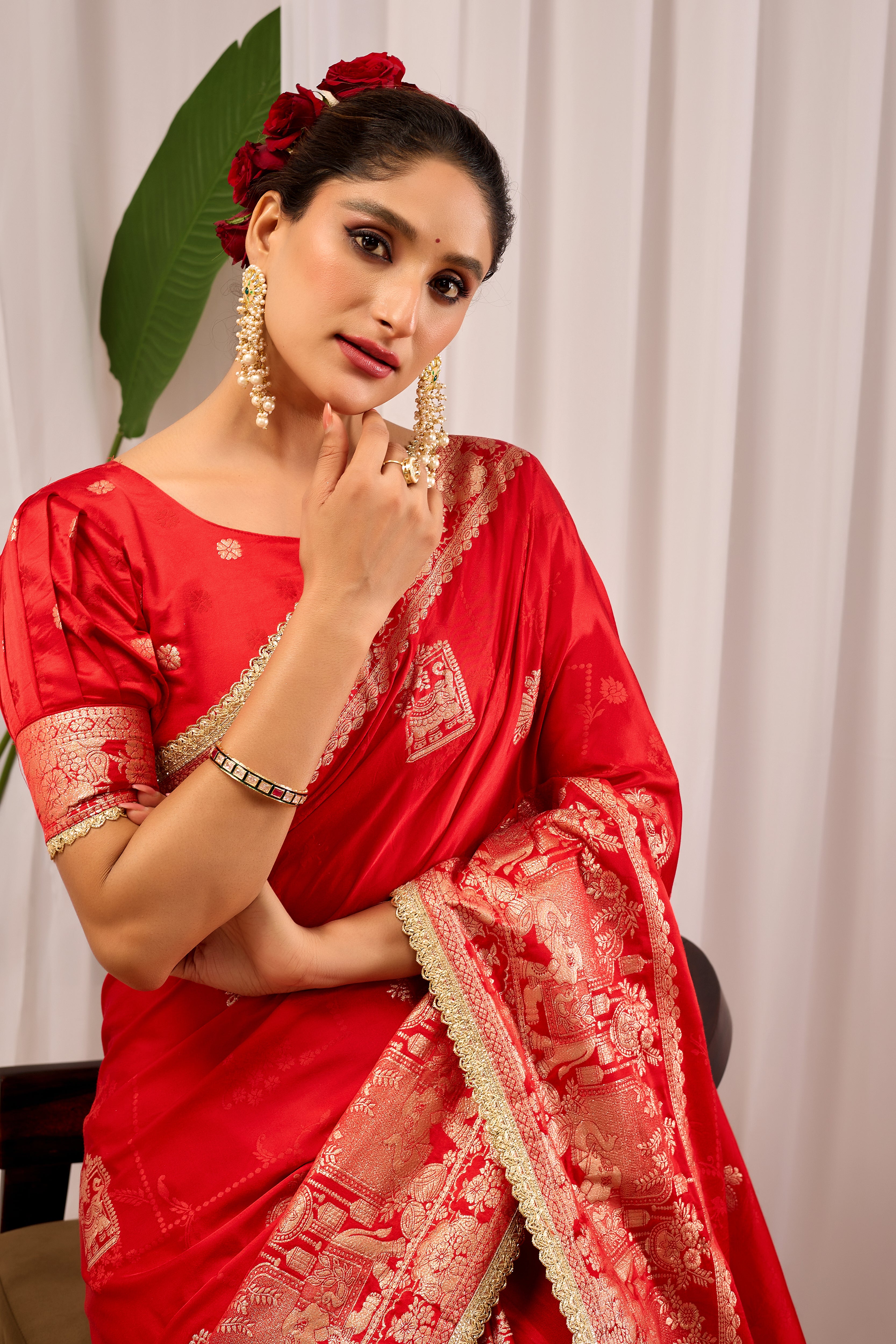 Sindoor Crimson Banarasi Silk Saree | Gold Zari & Blouse