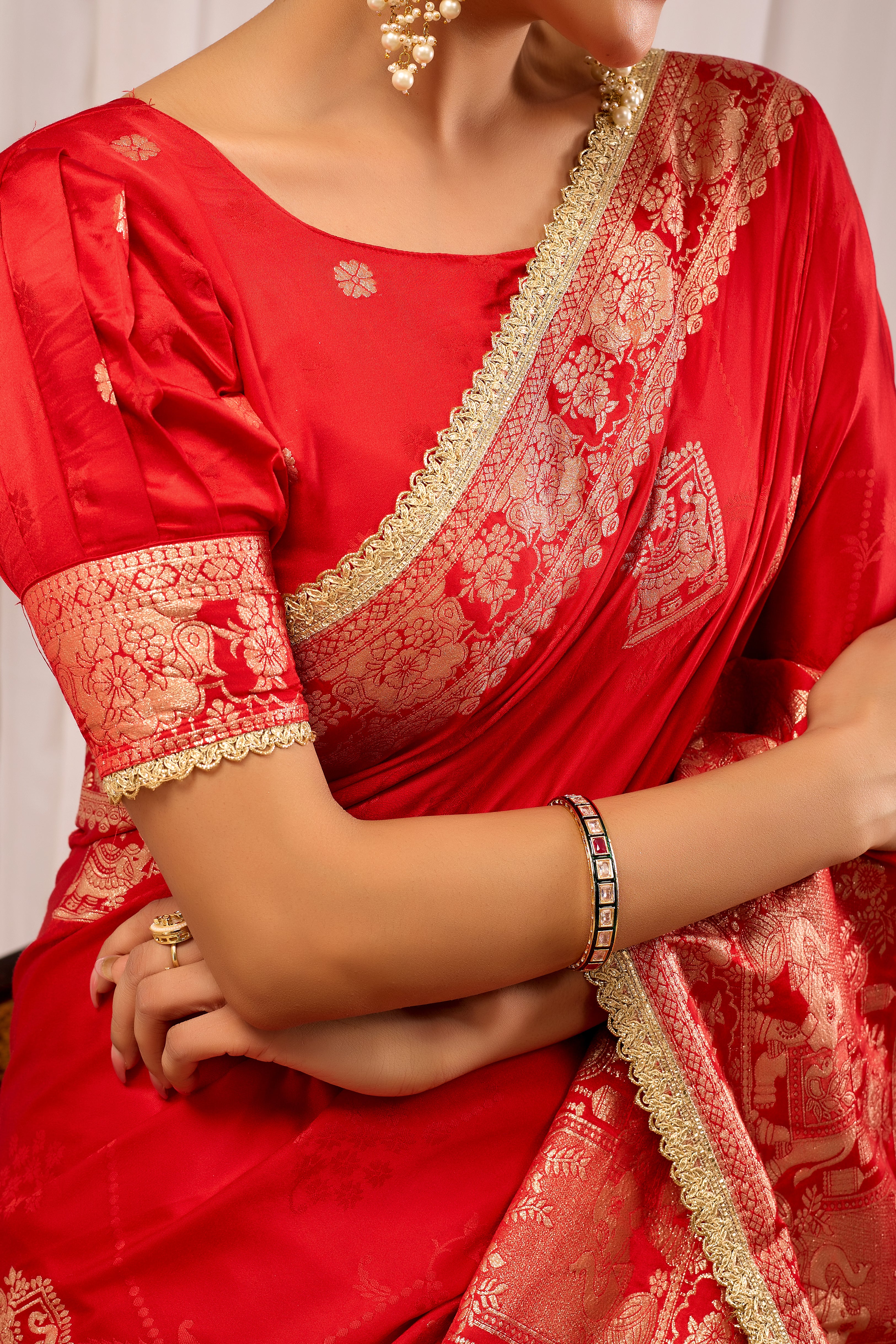 Sindoor Crimson Banarasi Silk Saree | Gold Zari & Blouse