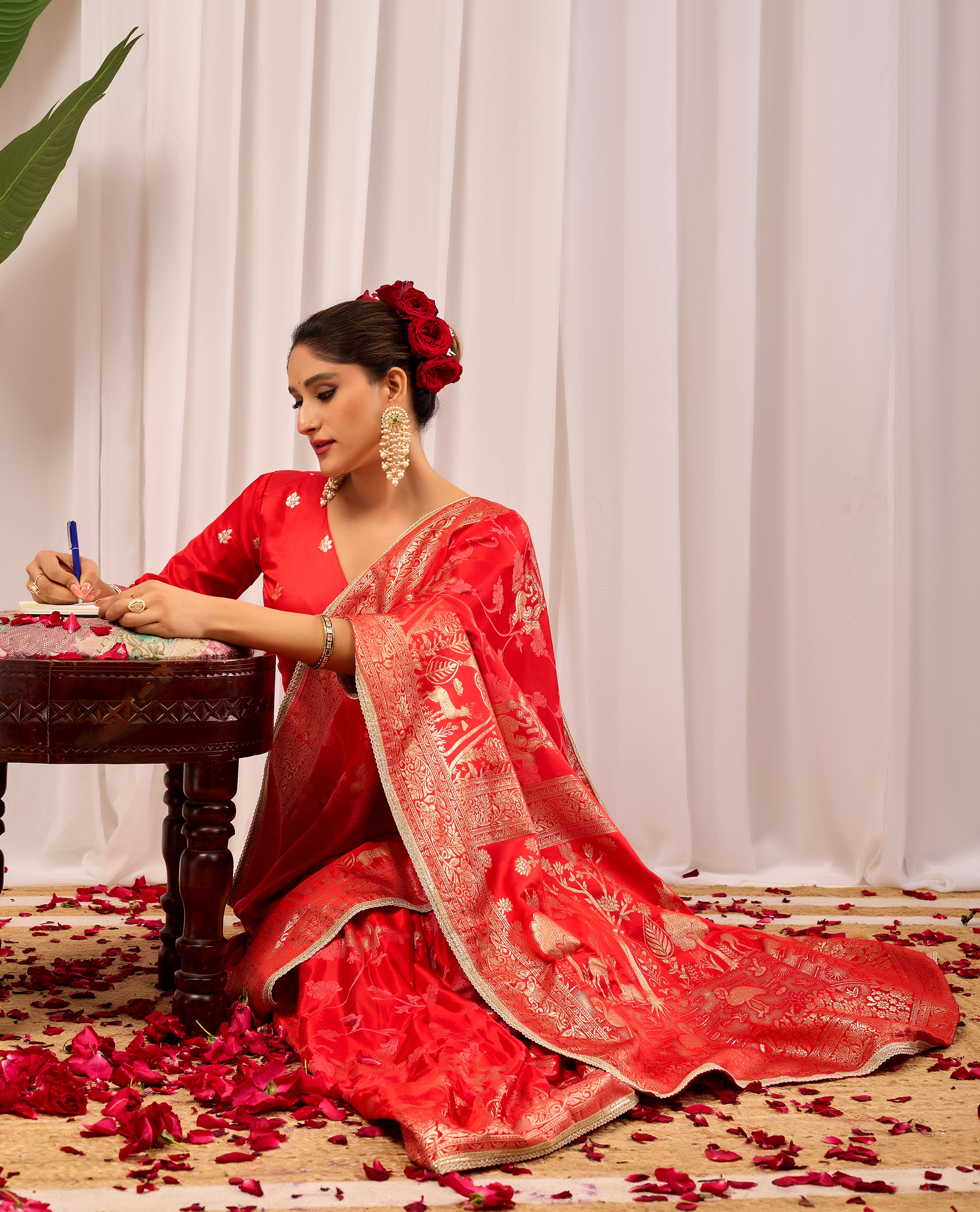 Crimson Elegance Satin Silk Saree with Golden Zari Detailing