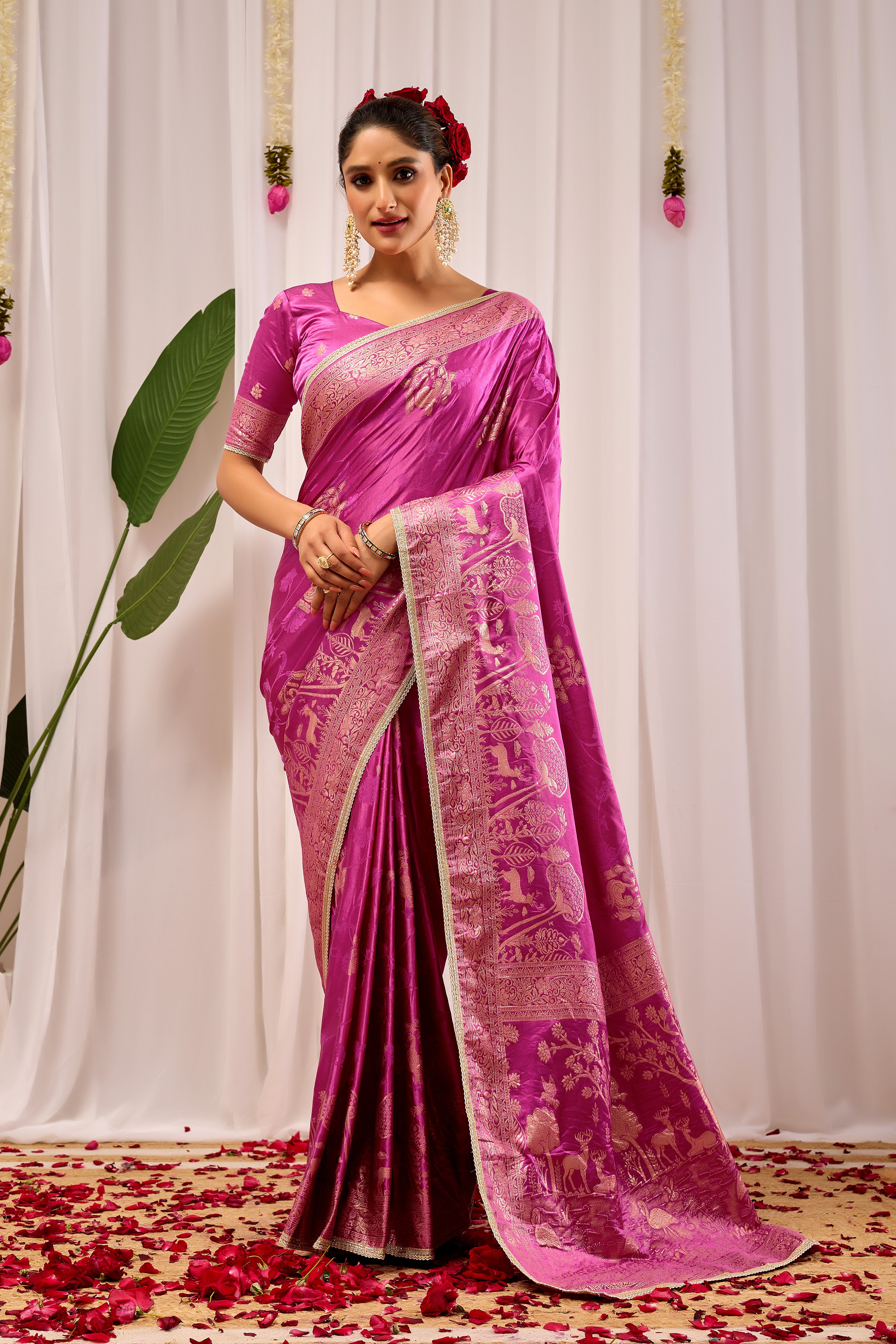 Royal Orchid Pink Banarasi Silk Saree | Gold Zari & Blouse