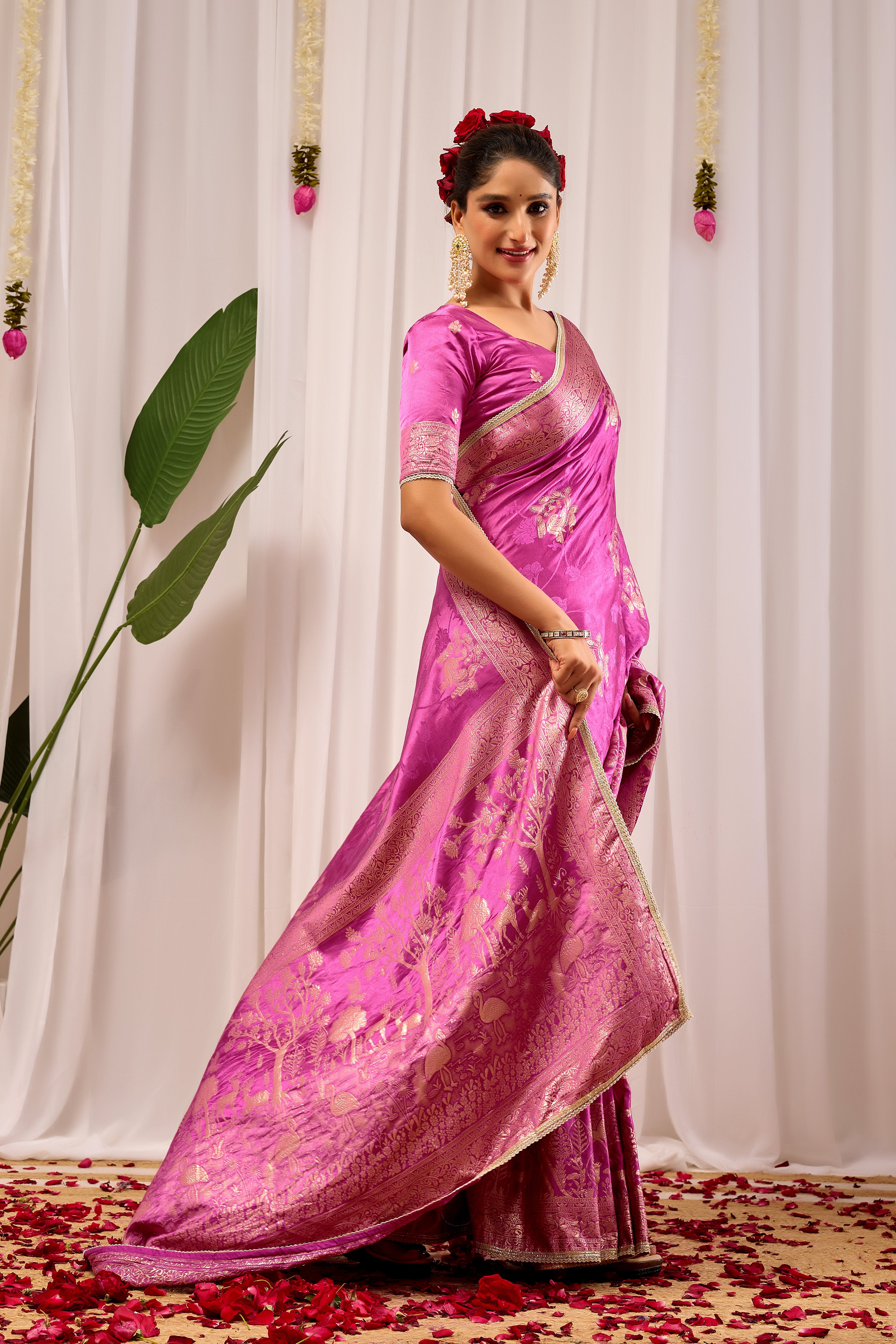 Royal Orchid Pink Banarasi Silk Saree | Gold Zari & Blouse