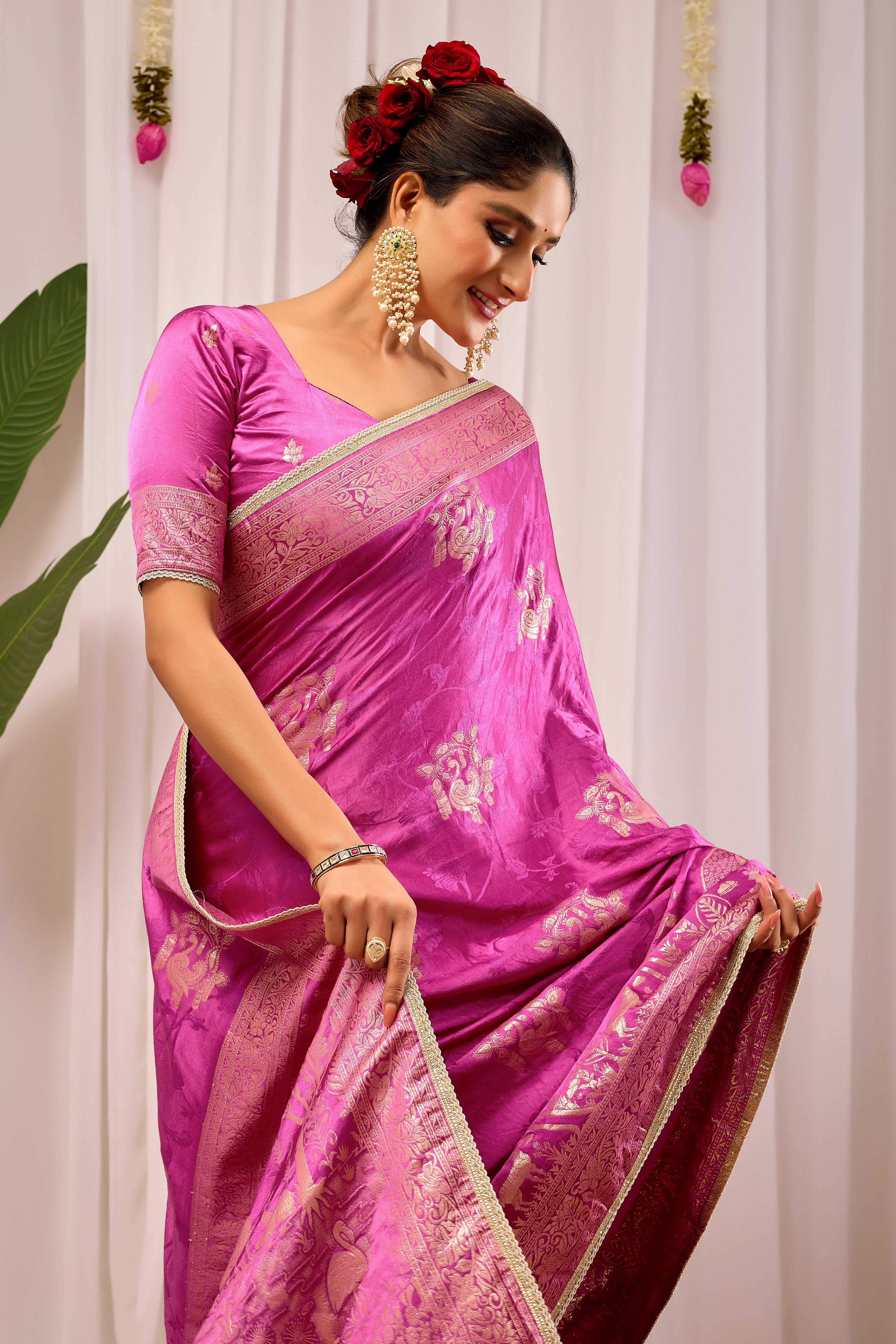 Royal Orchid Pink Banarasi Silk Saree | Gold Zari & Blouse
