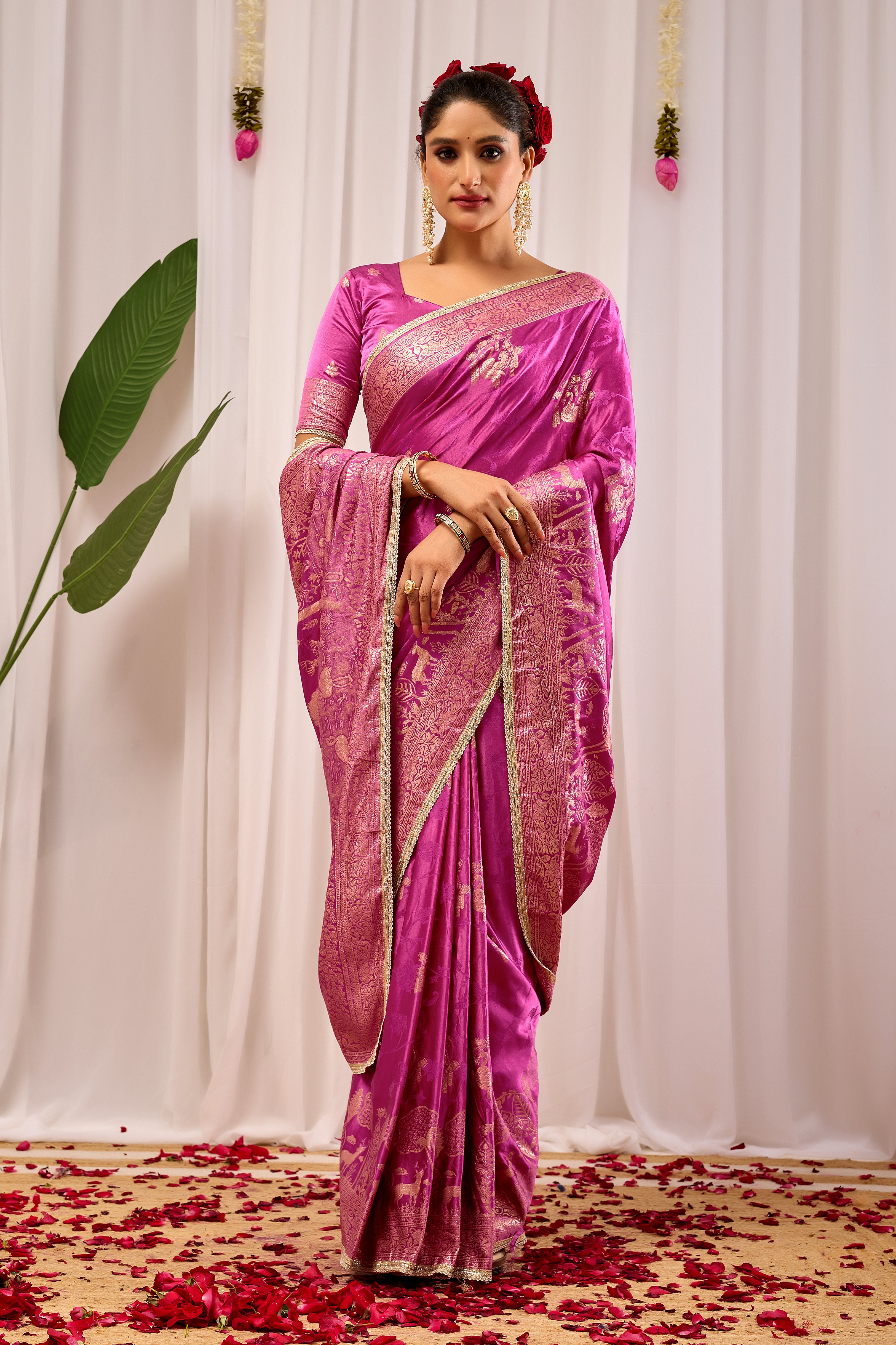 Royal Orchid Pink Banarasi Silk Saree | Gold Zari & Blouse