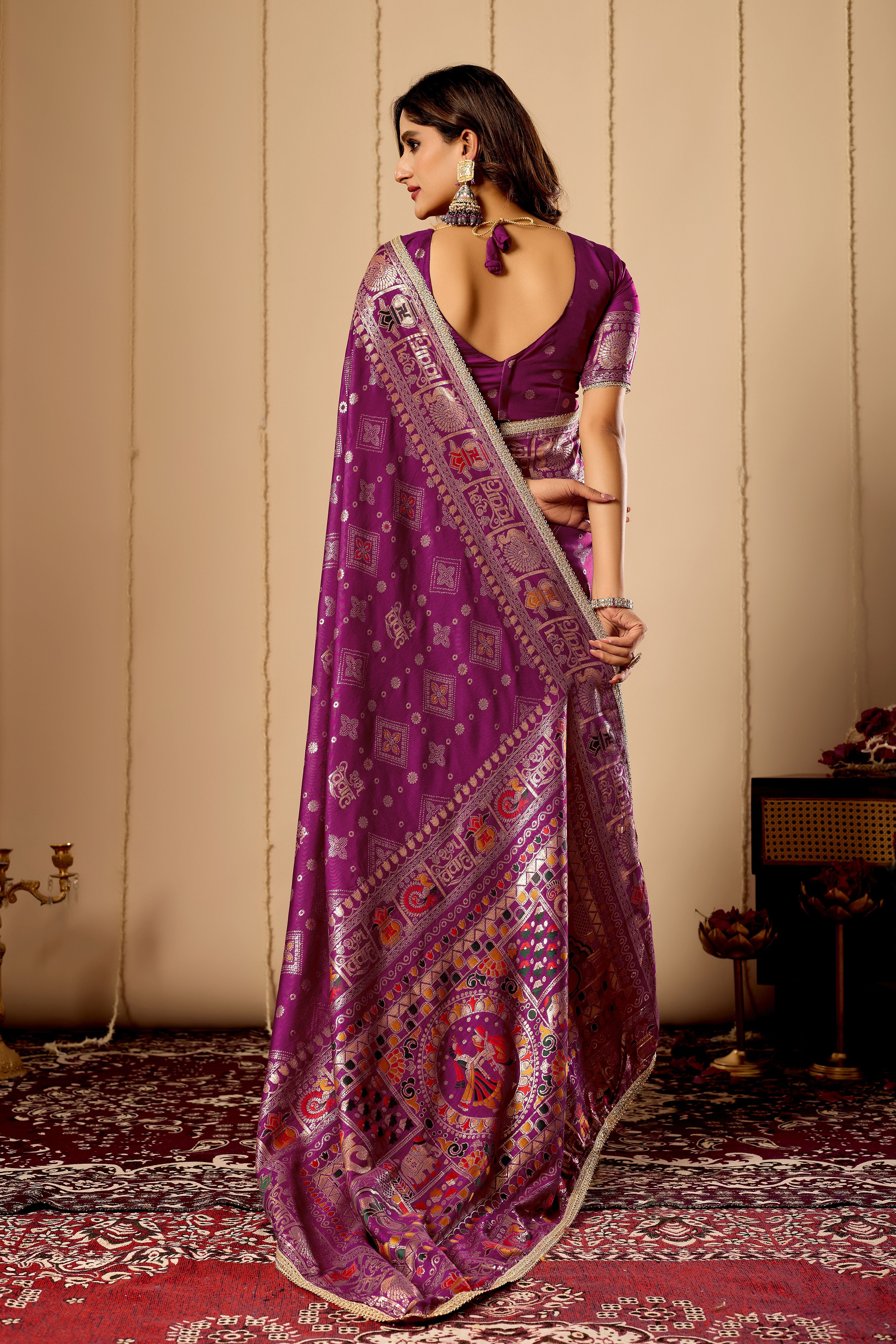 Royal Amethyst Heritage Silk Saree | Zari Border & Blouse