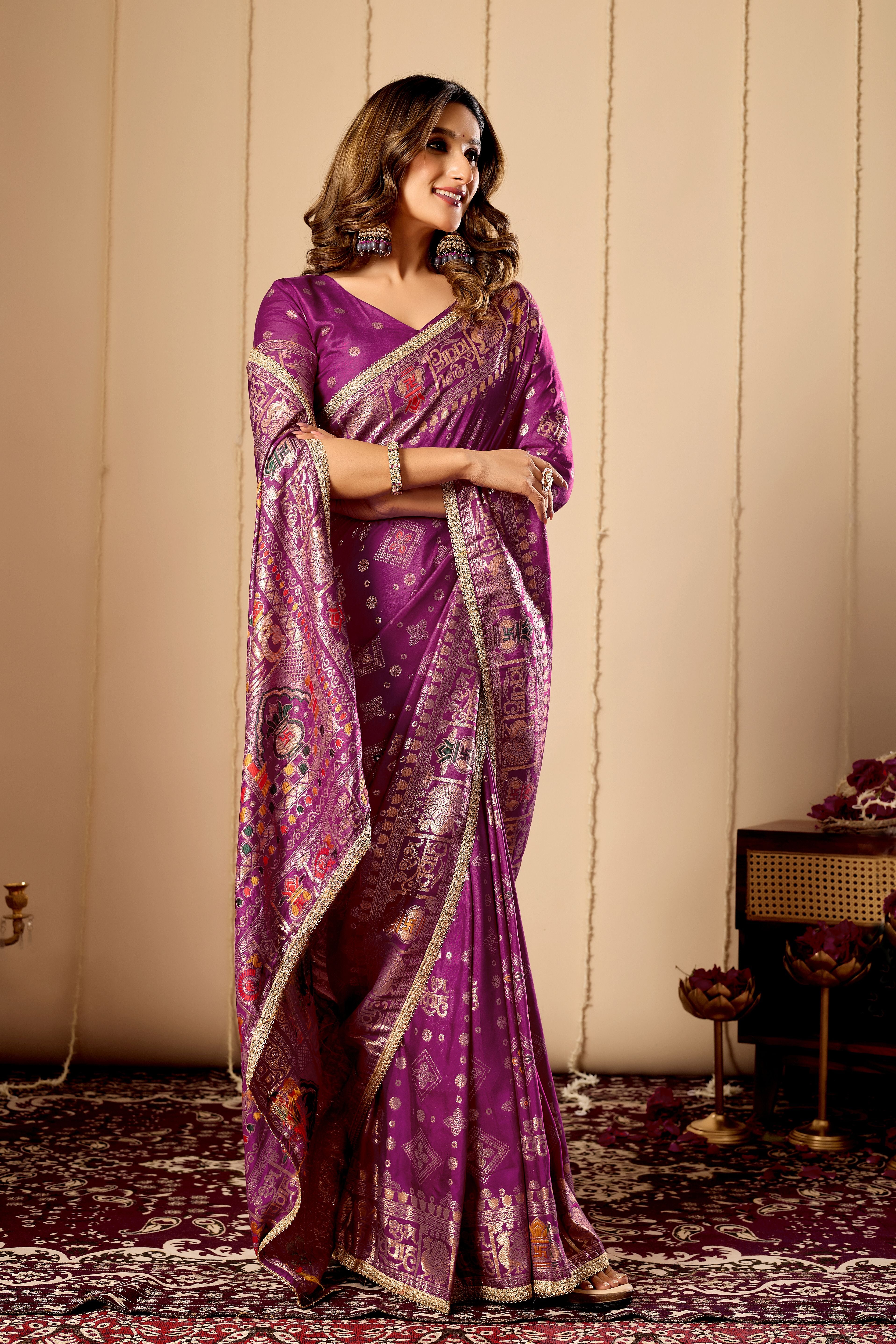Royal Amethyst Heritage Silk Saree | Zari Border & Blouse