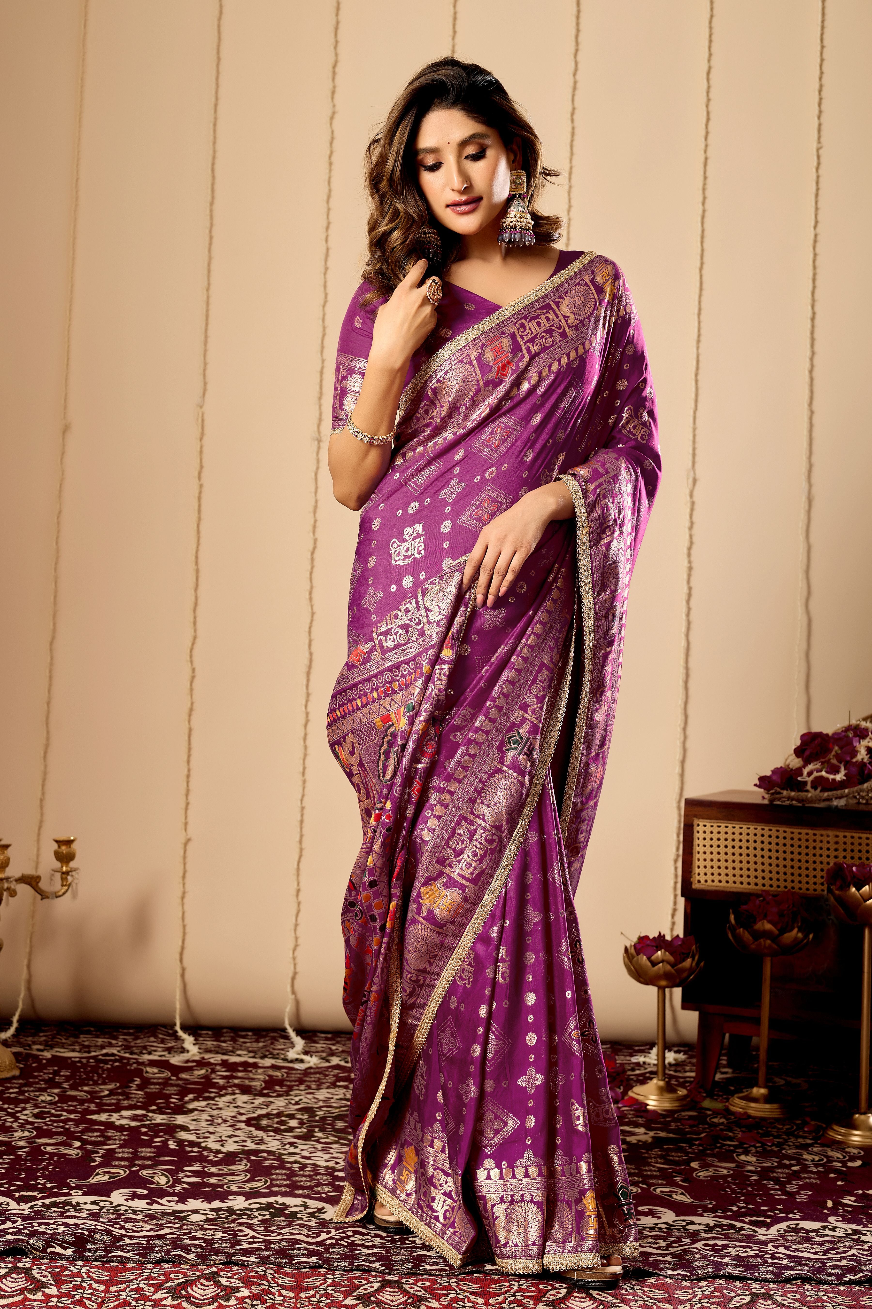 Royal Amethyst Heritage Silk Saree | Zari Border & Blouse