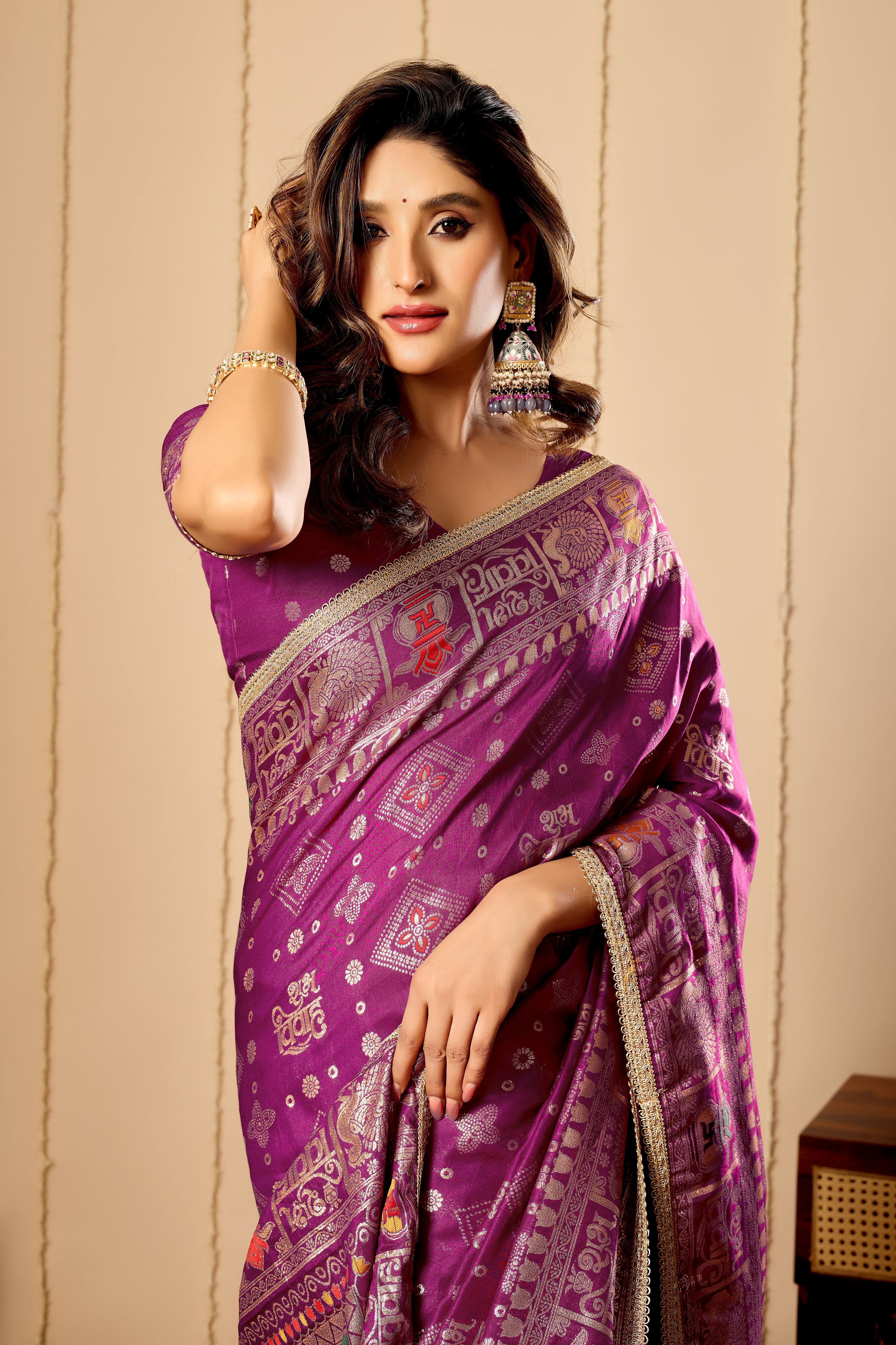 Royal Amethyst Heritage Silk Saree | Zari Border & Blouse