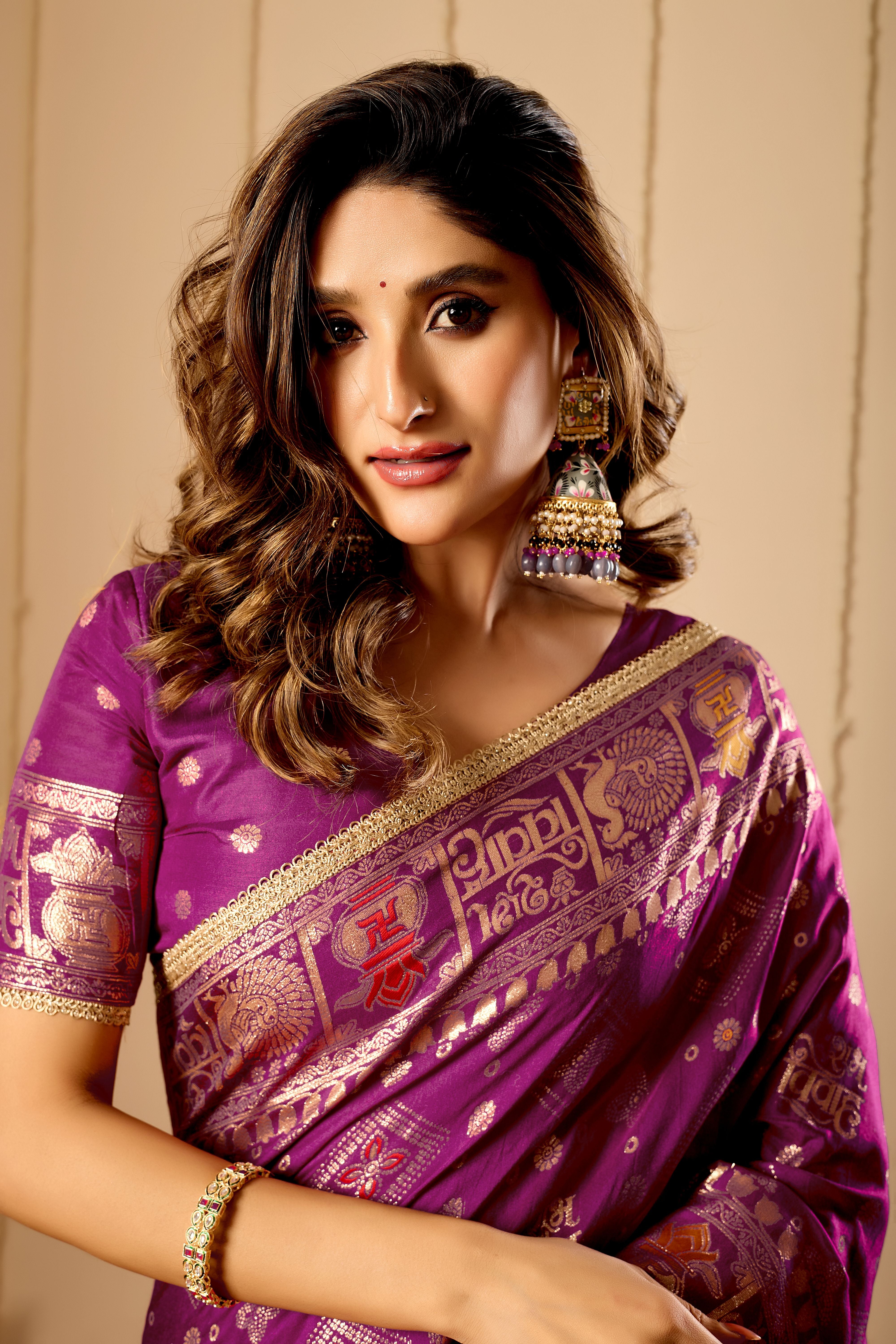 Royal Amethyst Heritage Silk Saree | Zari Border & Blouse