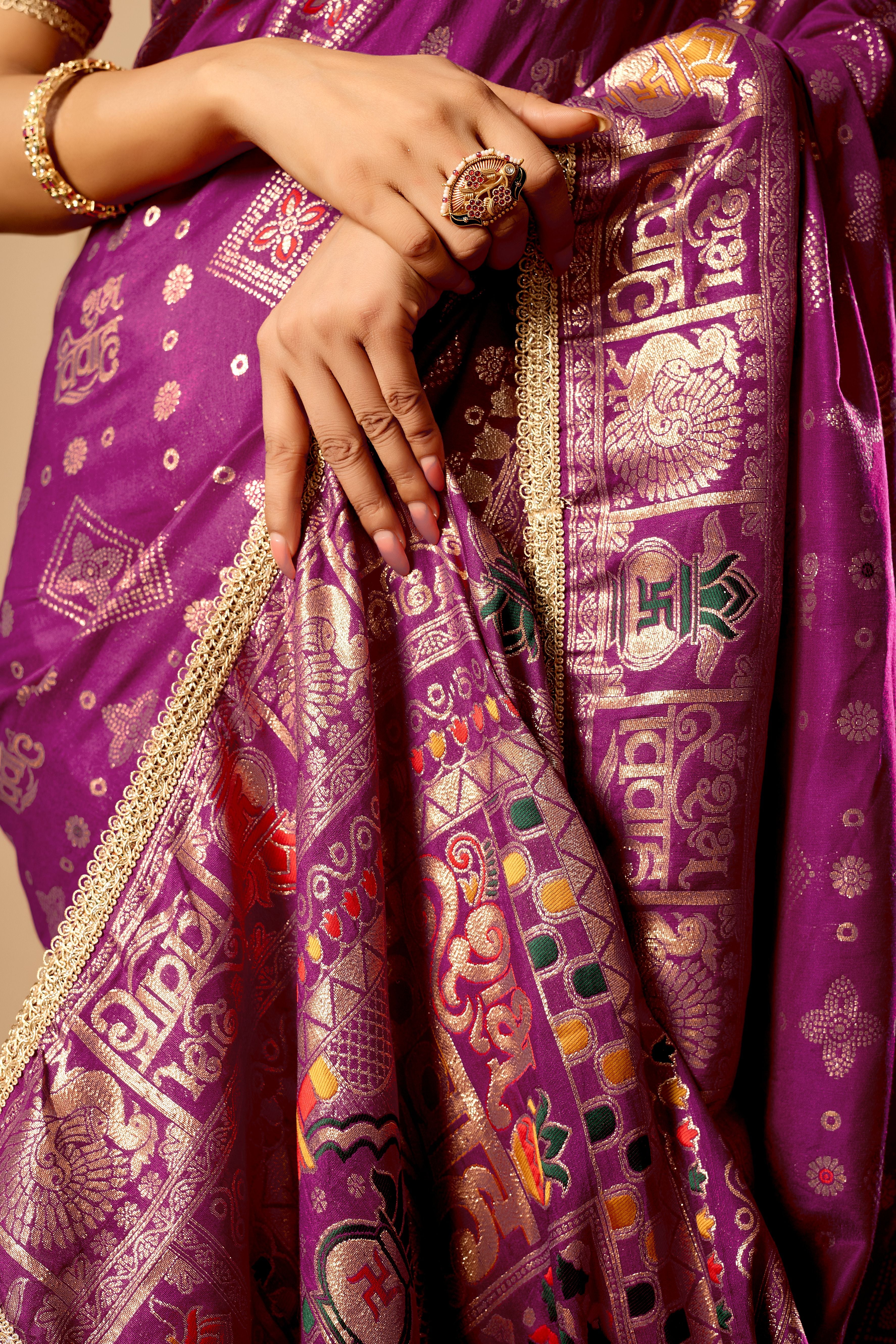 Royal Amethyst Heritage Silk Saree | Zari Border & Blouse