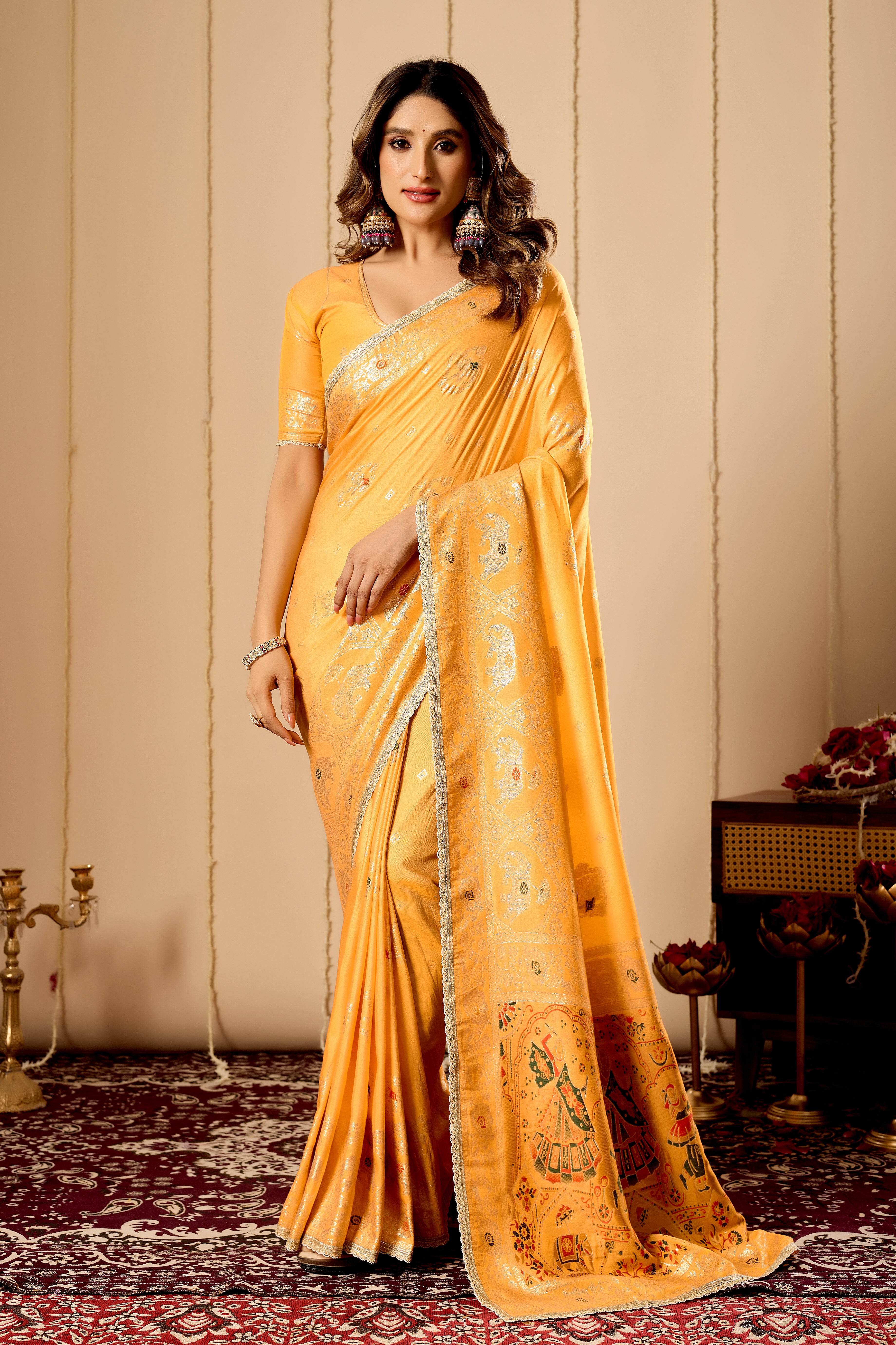 Marigold Gold Heritage Silk Saree | Zari Border & Blouse