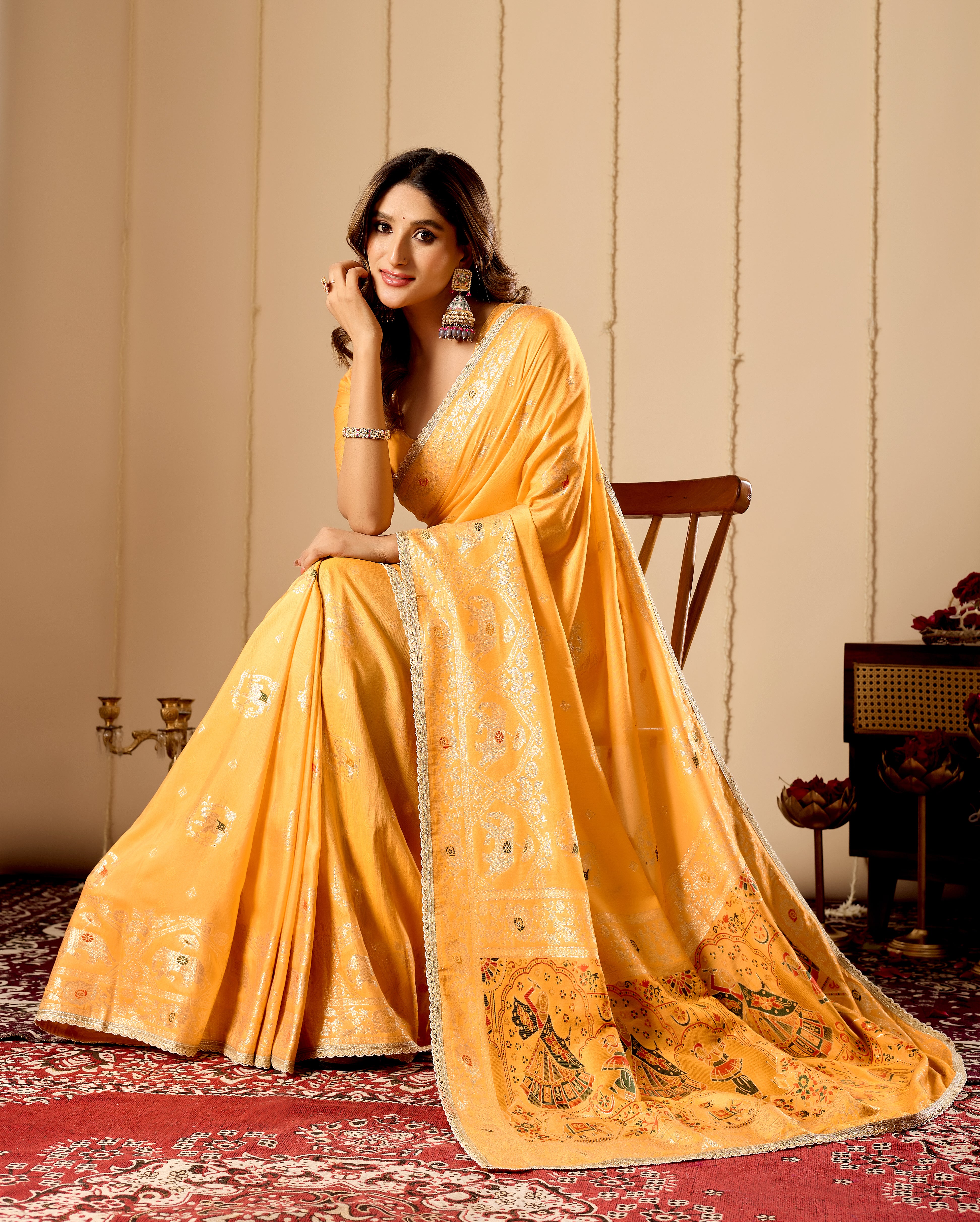 Marigold Gold Heritage Silk Saree | Zari Border & Blouse