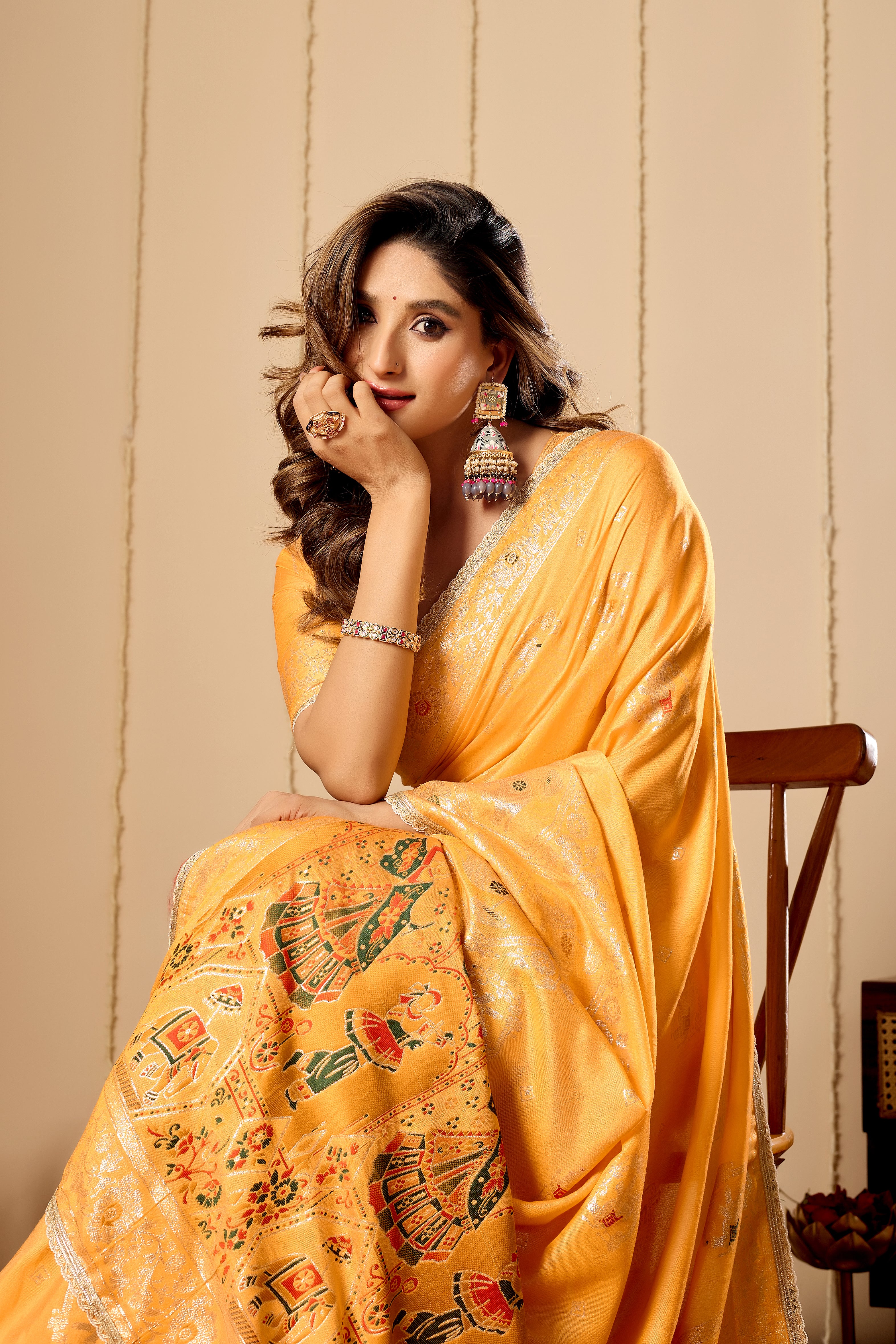 Marigold Gold Heritage Silk Saree | Zari Border & Blouse
