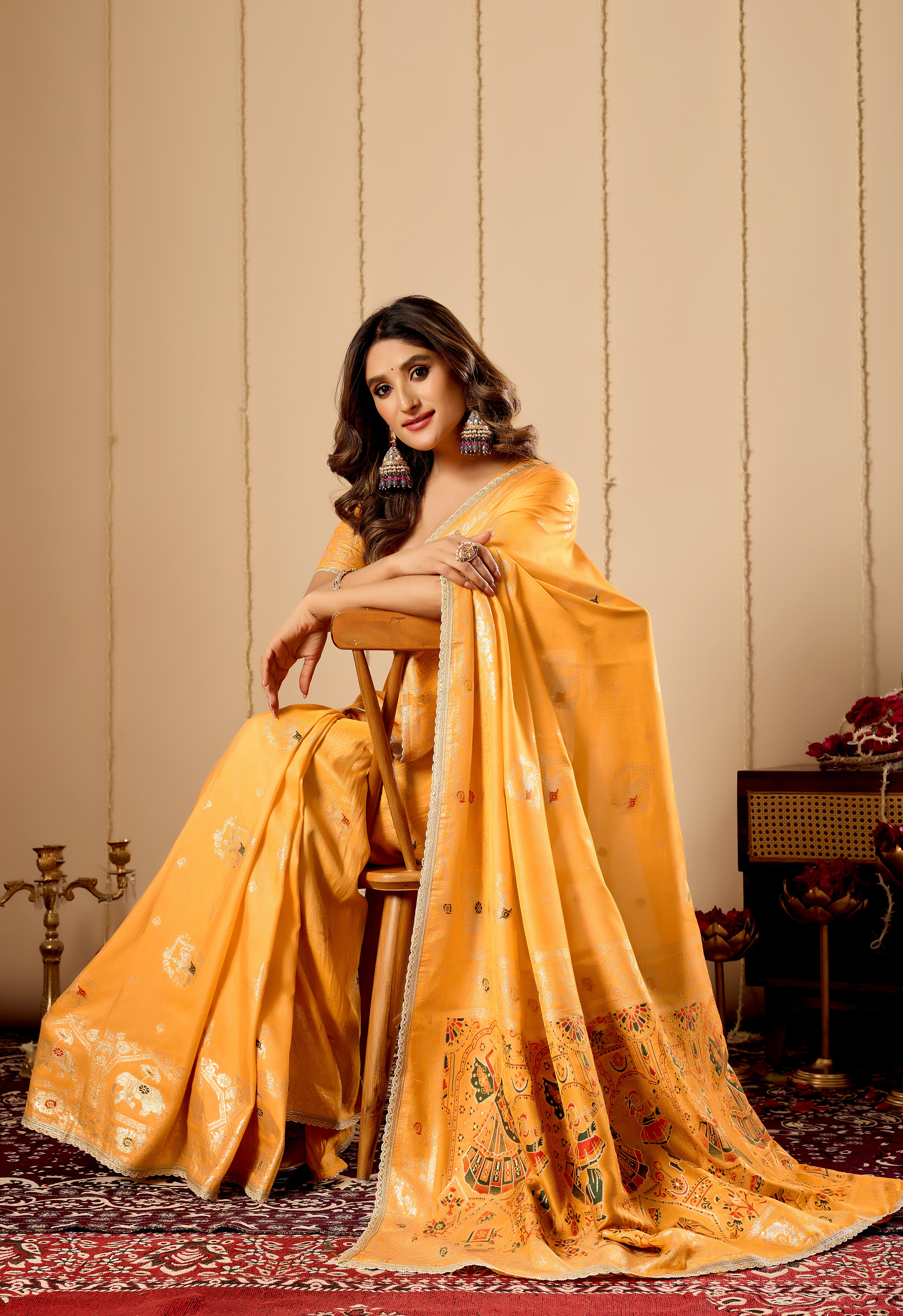 Marigold Gold Heritage Silk Saree | Zari Border & Blouse