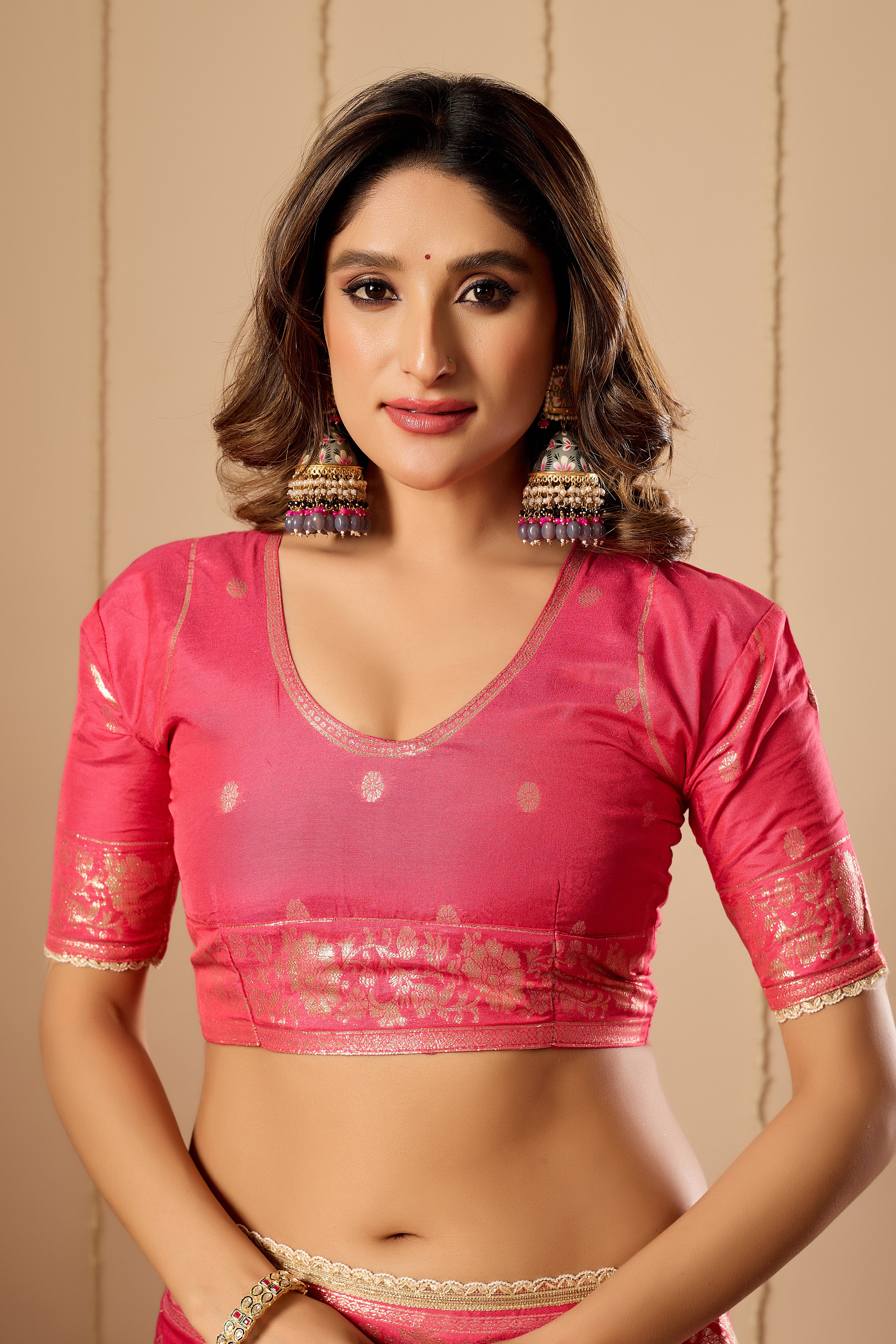 Rose Pink Satin Silk Saree | Gold Zari Border & Blouse