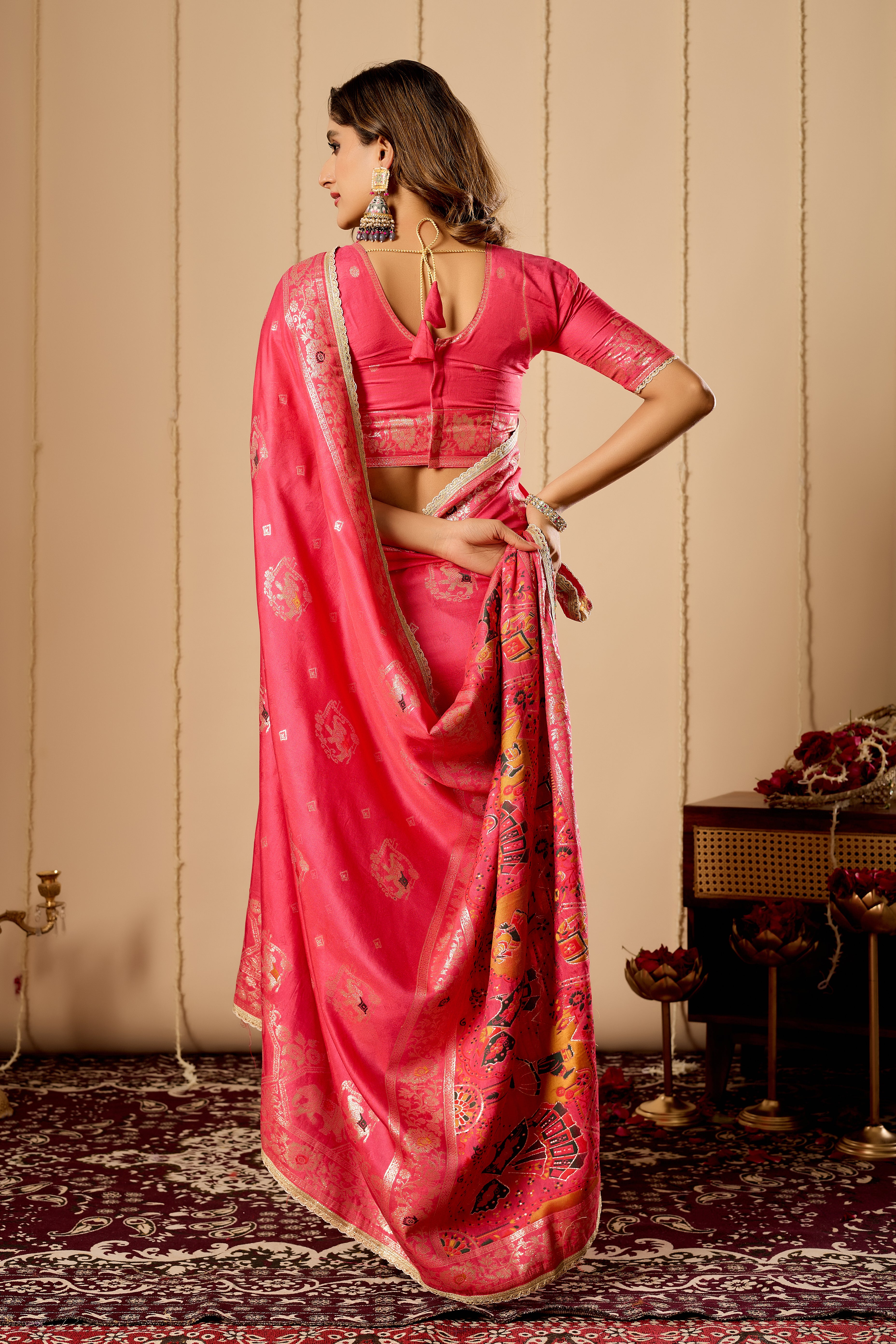Rose Pink Satin Silk Saree | Gold Zari Border & Blouse