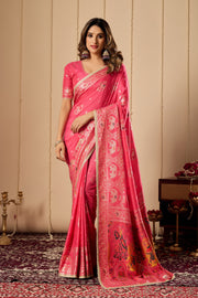 Rose Pink Satin Silk Saree | Gold Zari Border & Blouse