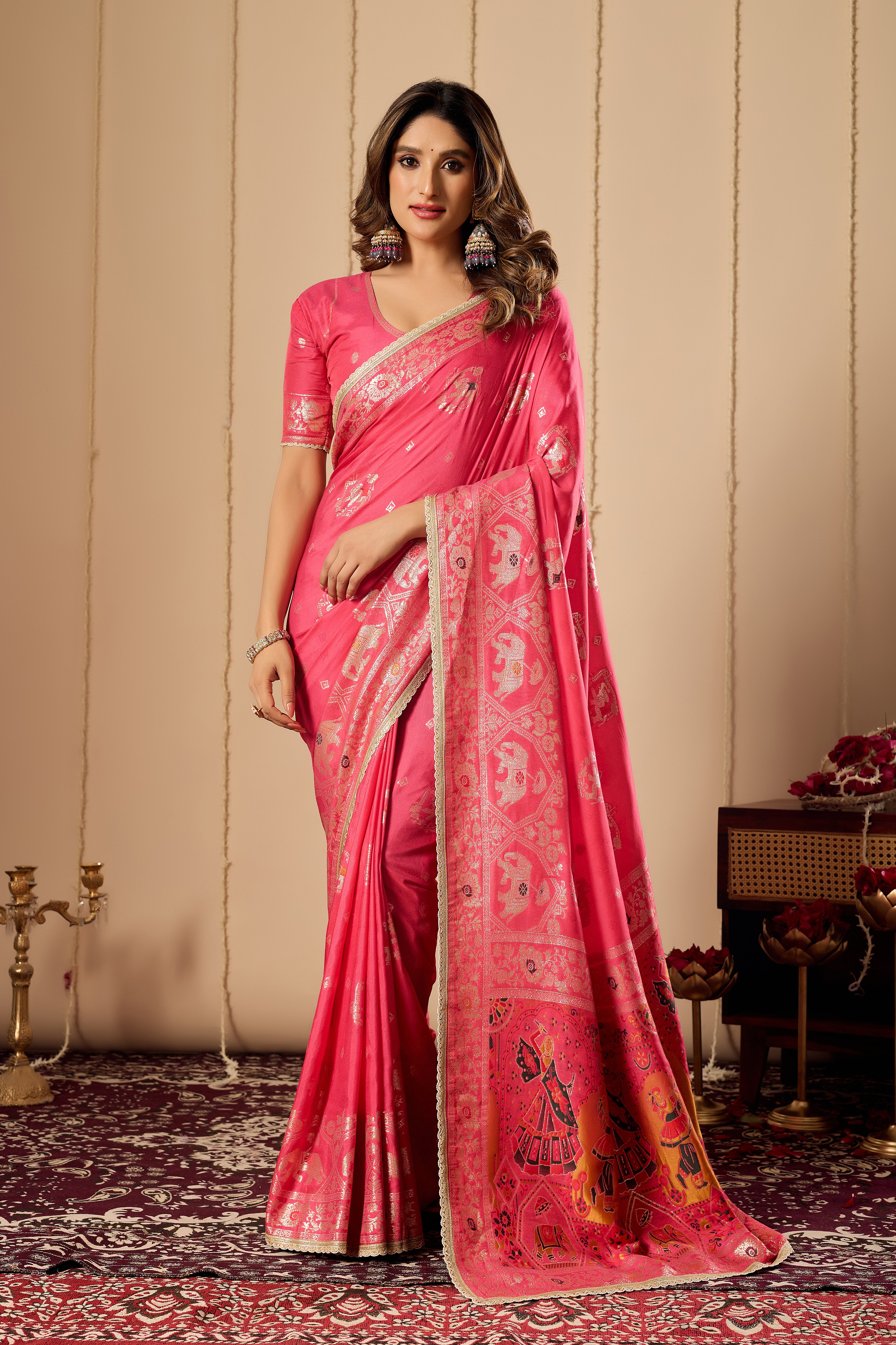 Rose Pink Satin Silk Saree | Gold Zari Border & Blouse