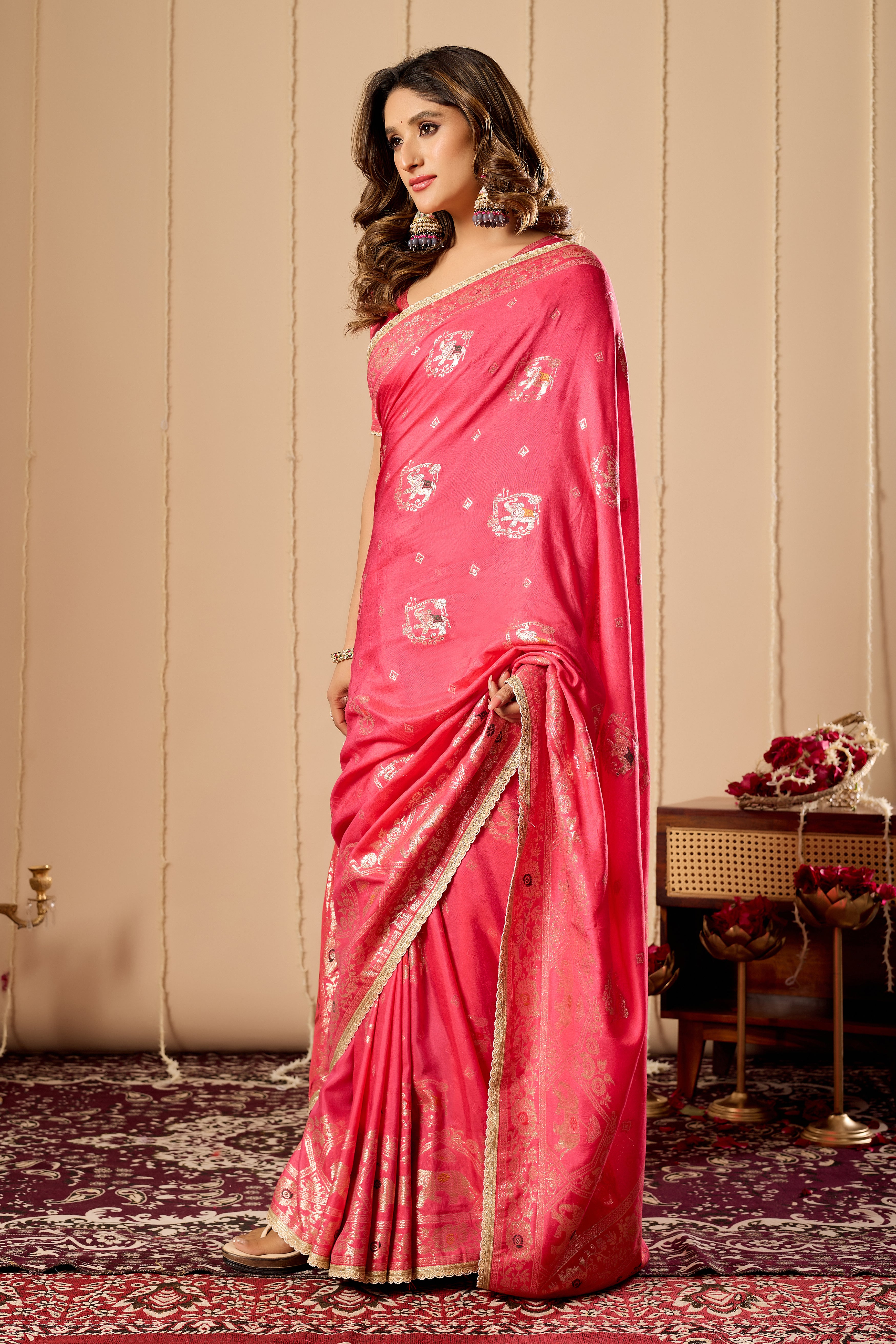 Rose Pink Satin Silk Saree | Gold Zari Border & Blouse