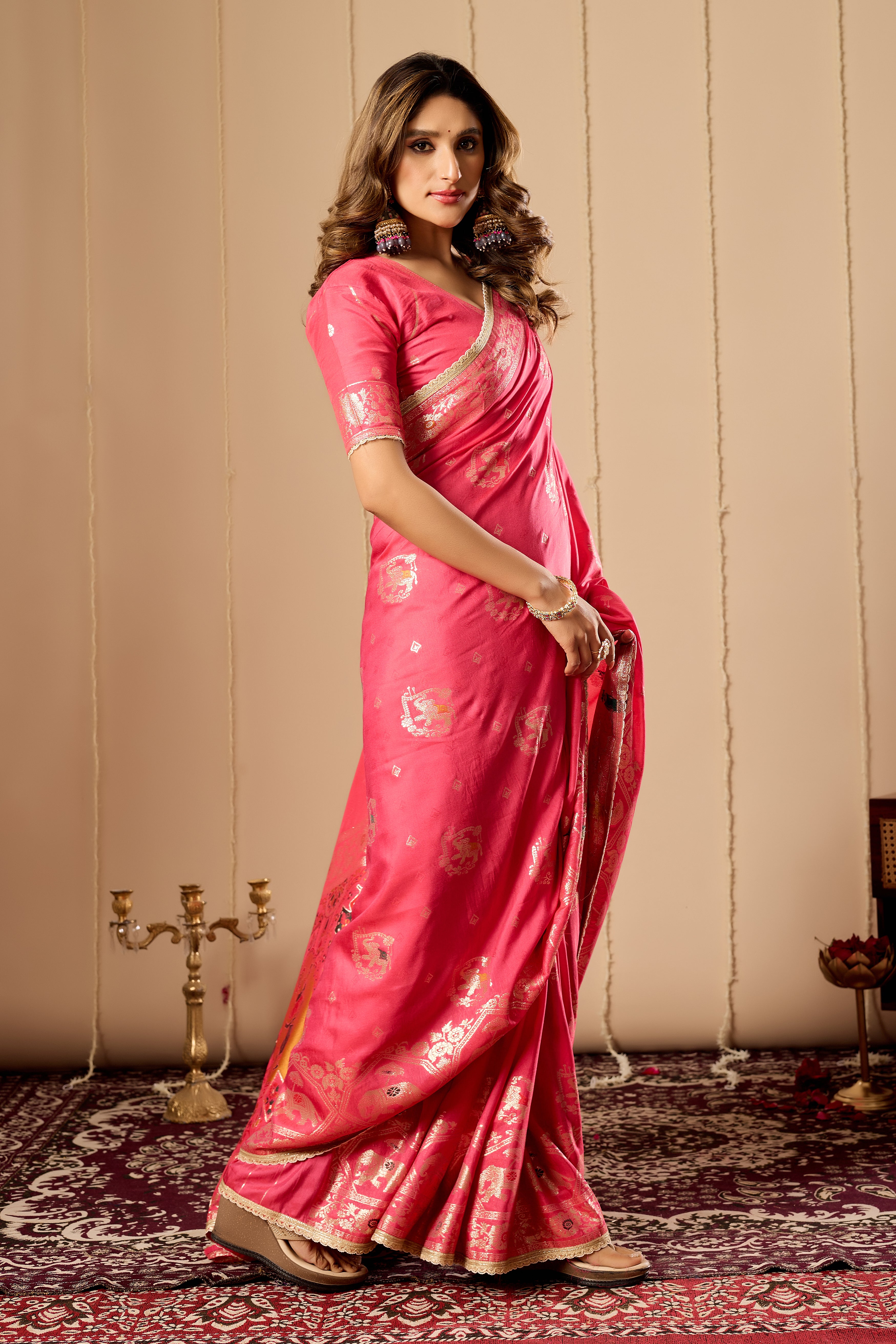 Rose Pink Satin Silk Saree | Gold Zari Border & Blouse