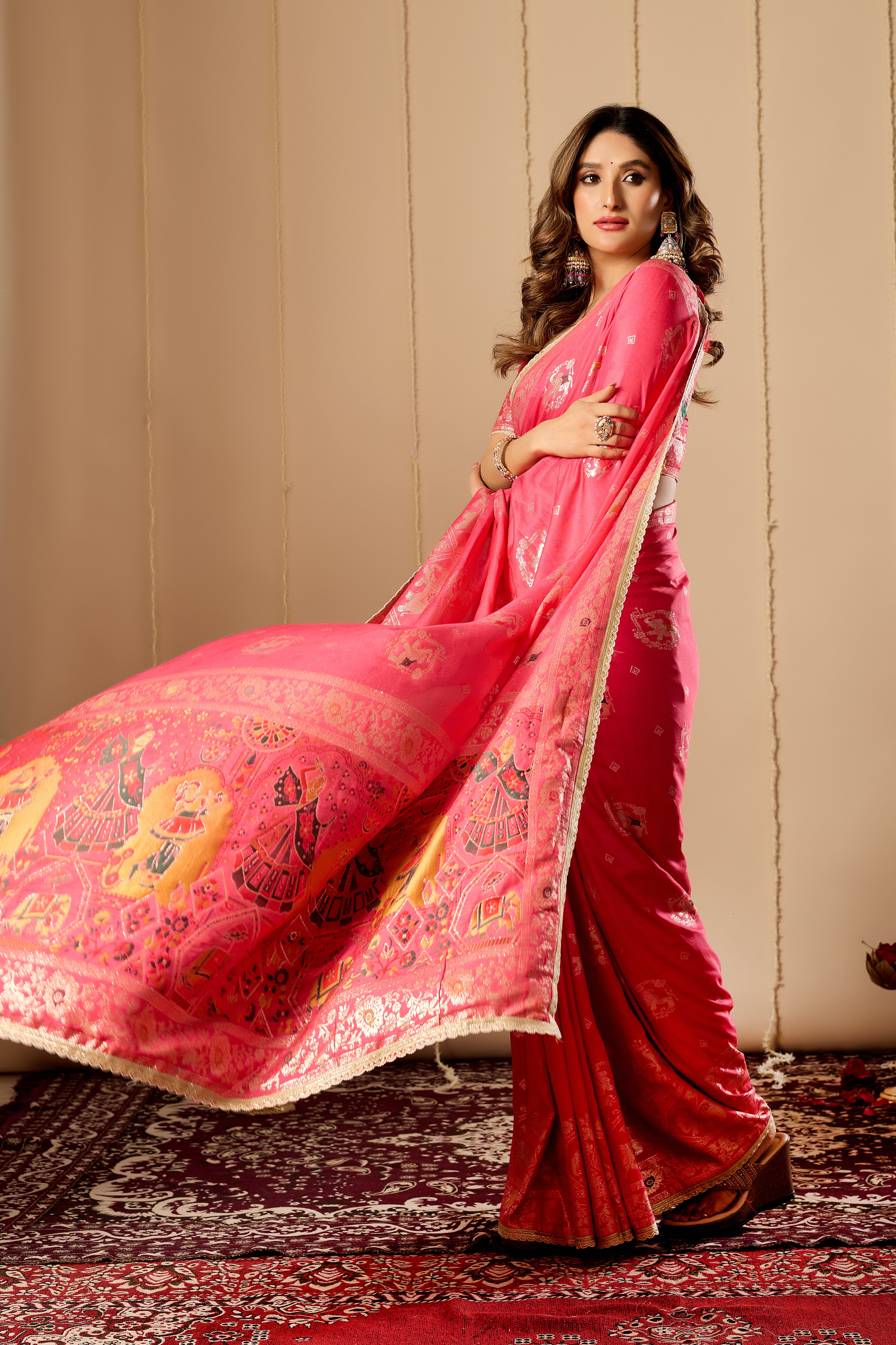Rose Pink Satin Silk Saree | Gold Zari Border & Blouse
