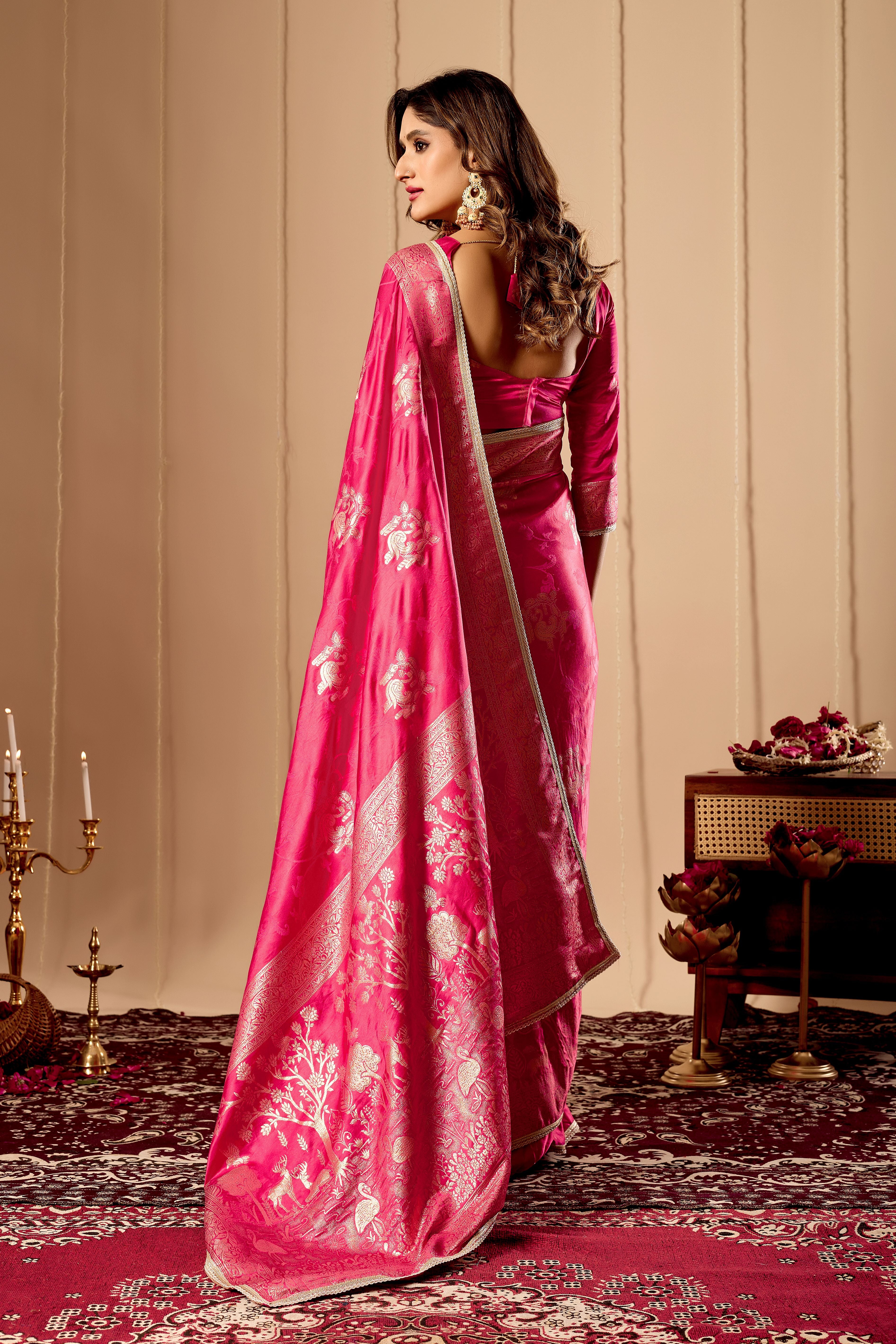 Rani Pink Satin Silk Saree | Gold Zari Border & Blouse