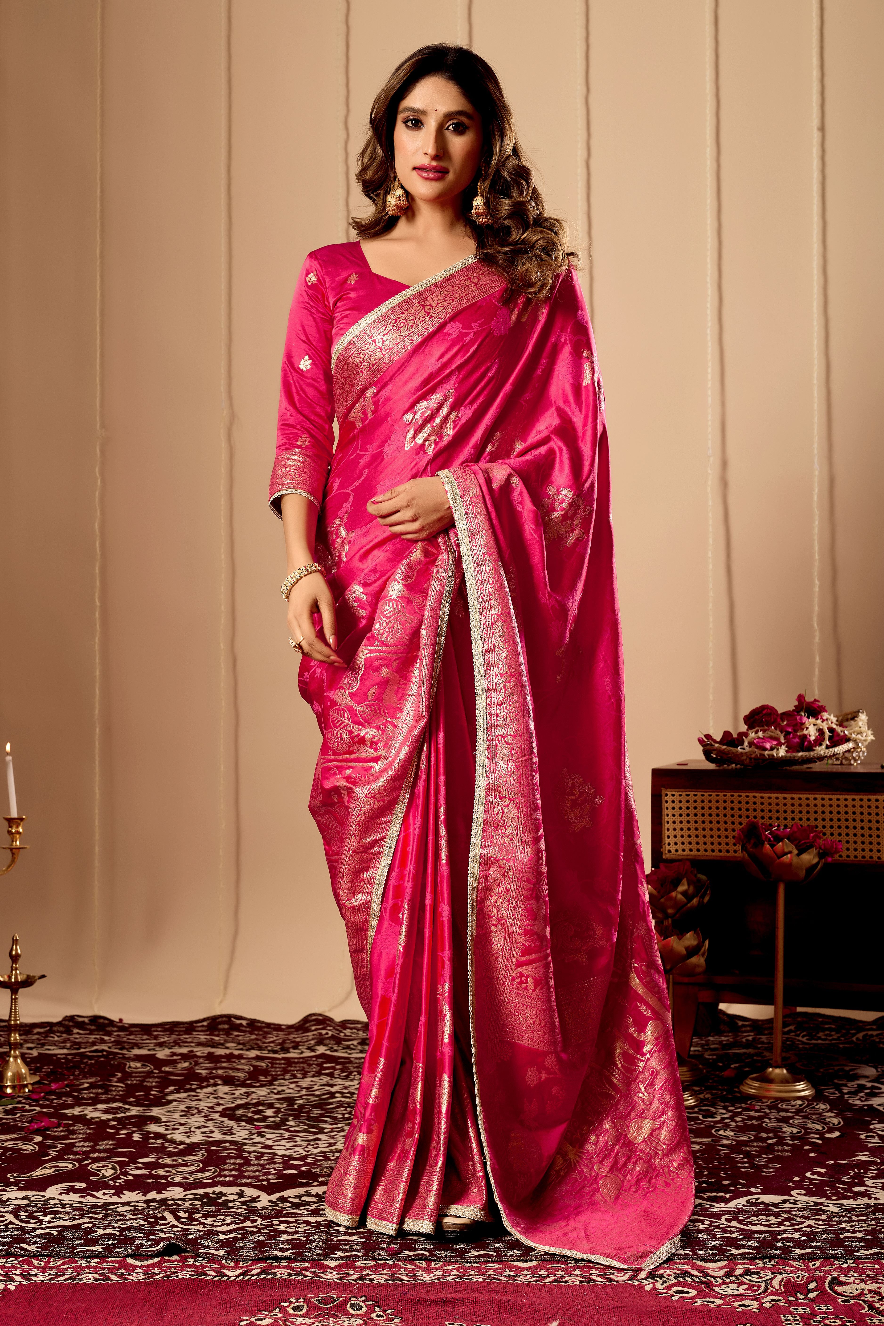 Rani Pink Satin Silk Saree | Gold Zari Border & Blouse