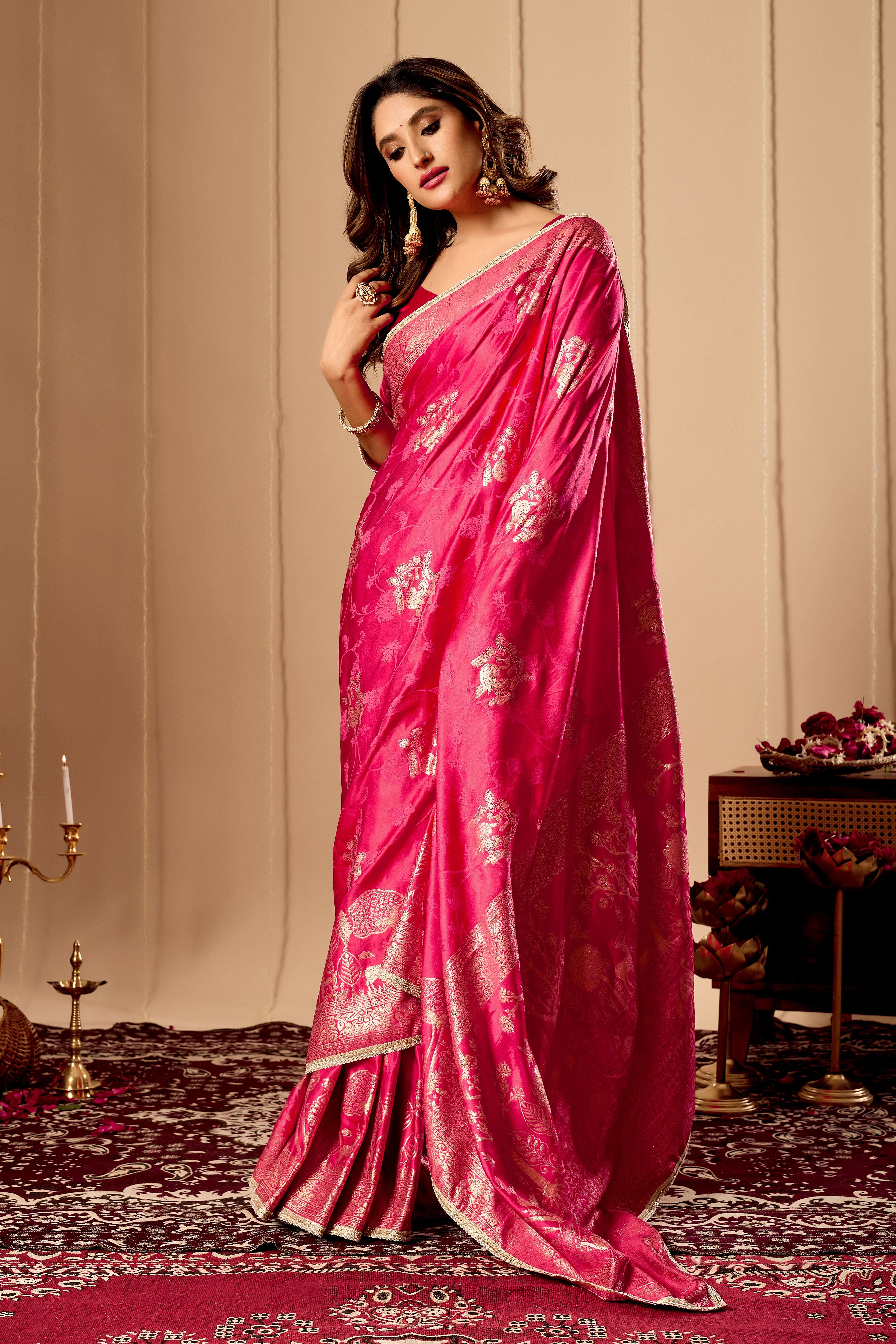 Rani Pink Satin Silk Saree | Gold Zari Border & Blouse