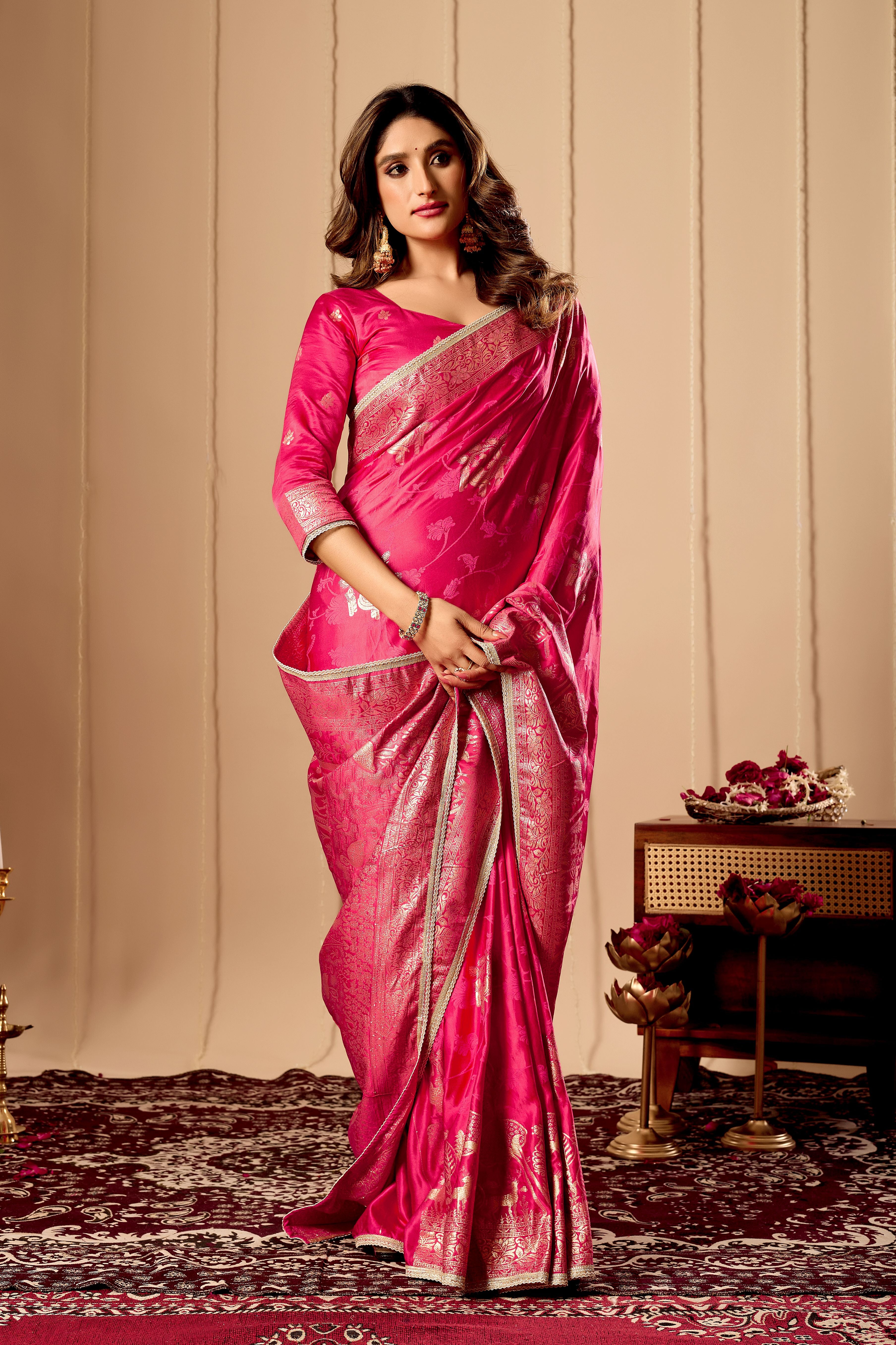 Rani Pink Satin Silk Saree | Gold Zari Border & Blouse