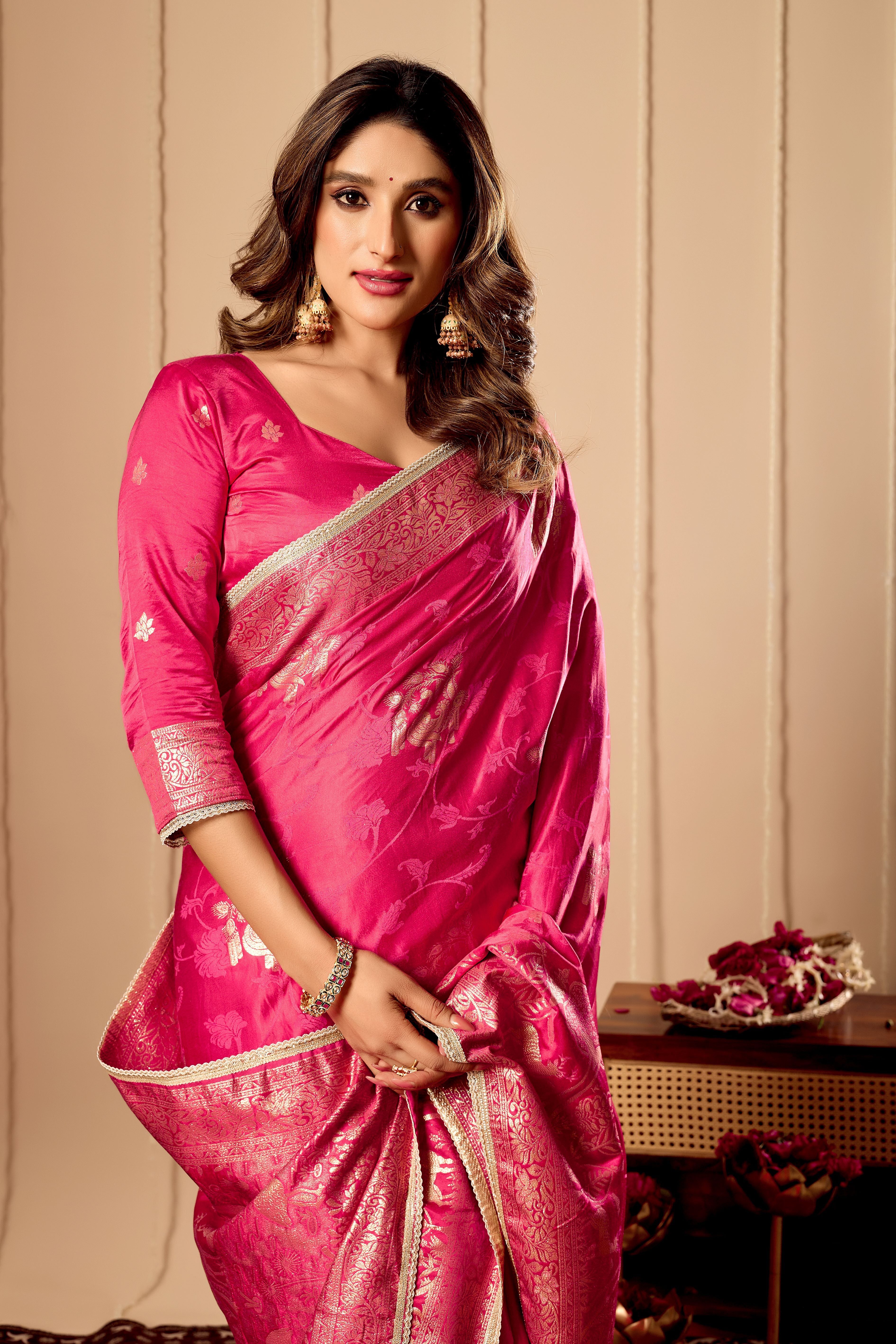Rani Pink Satin Silk Saree | Gold Zari Border & Blouse