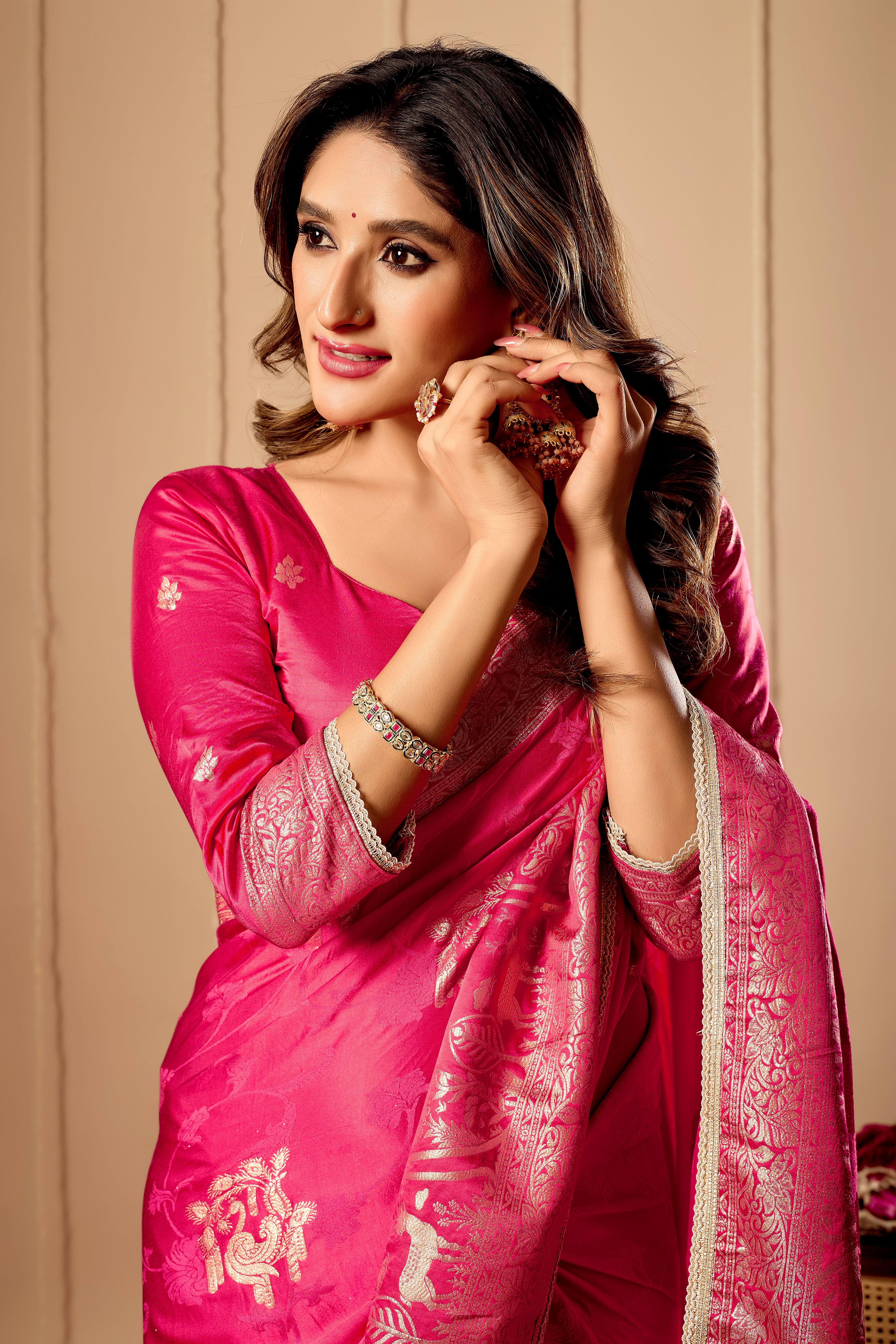 Rani Pink Satin Silk Saree | Gold Zari Border & Blouse