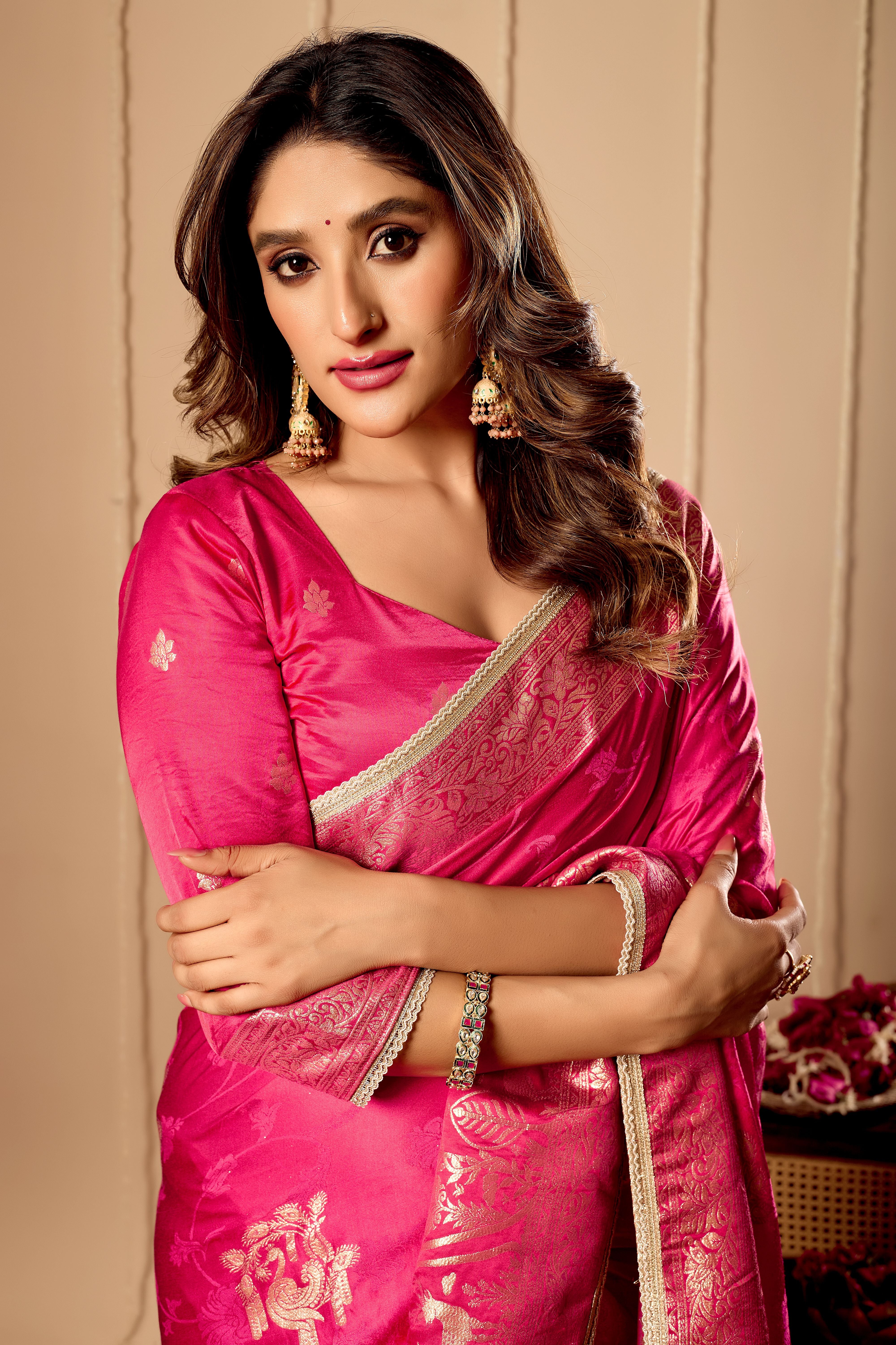 Rani Pink Satin Silk Saree | Gold Zari Border & Blouse