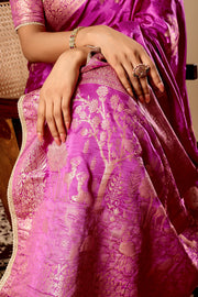 Royal Orchid Pink Satin Silk Saree with Traditional Gold Zari Weaving