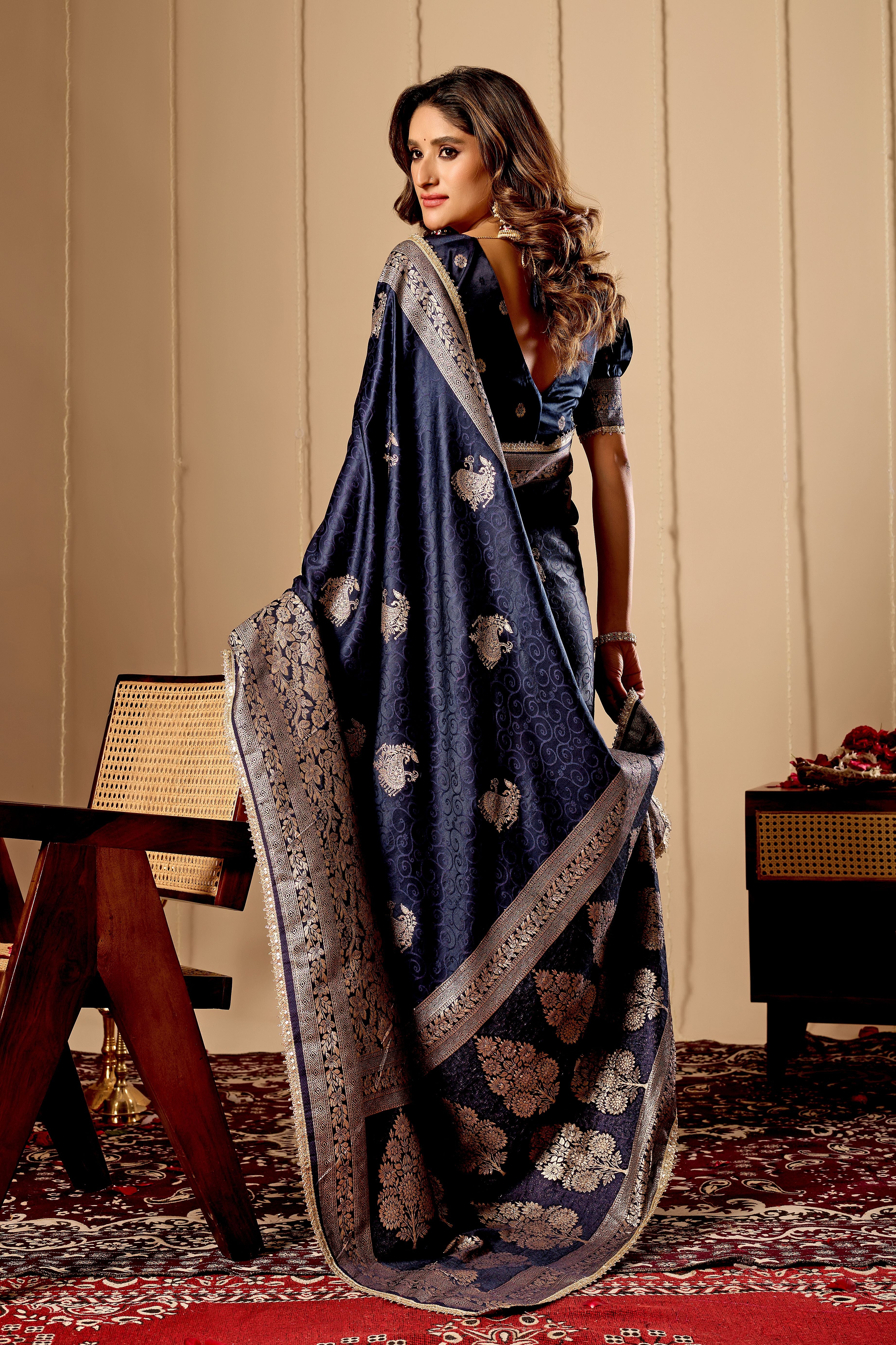 Royal Midnight Blue Satin Silk Saree with Antique Silver Zari Motifs