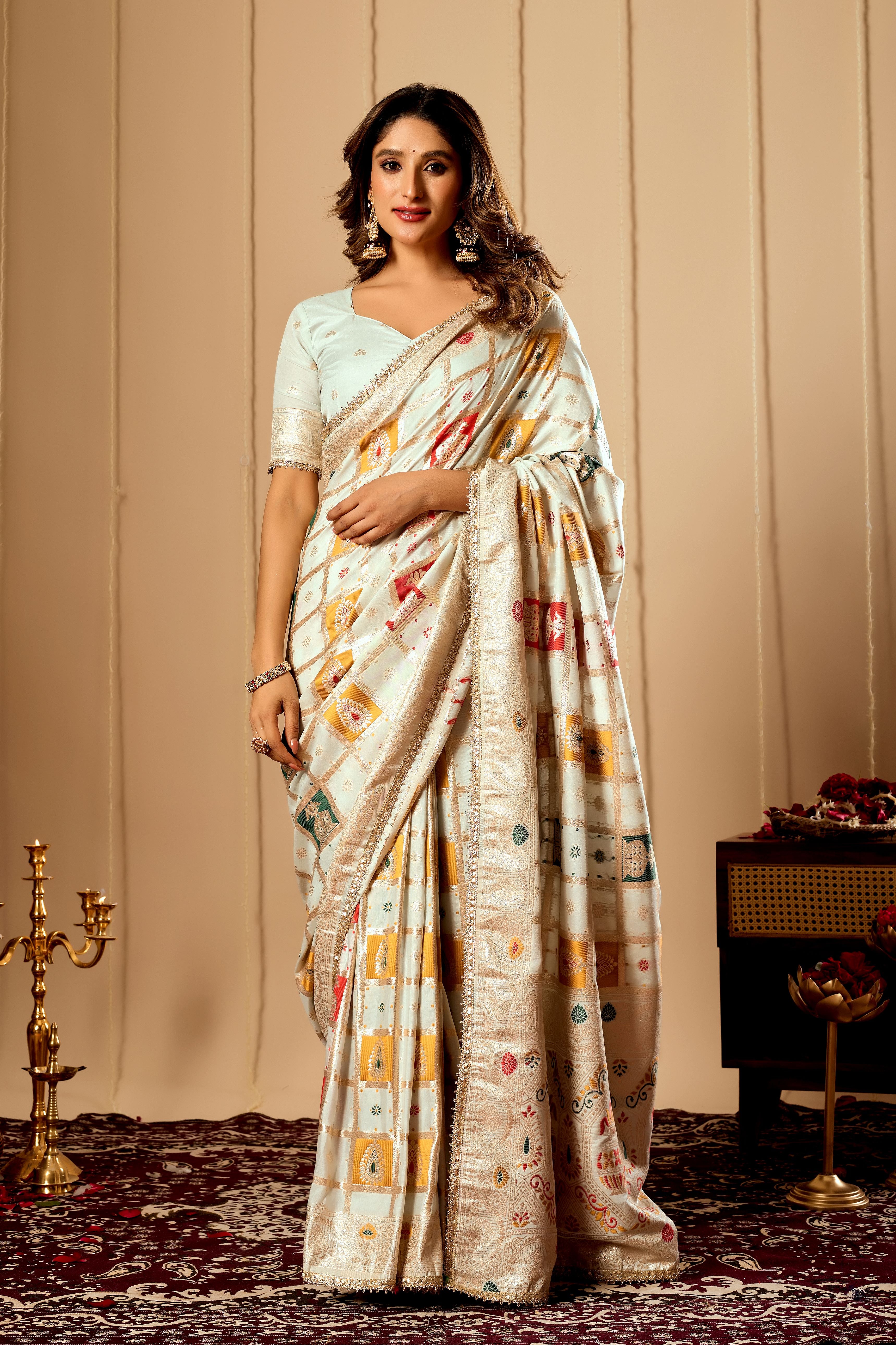 Ivory Pearl Banarasi Silk Saree | Zari Motifs & Blouse