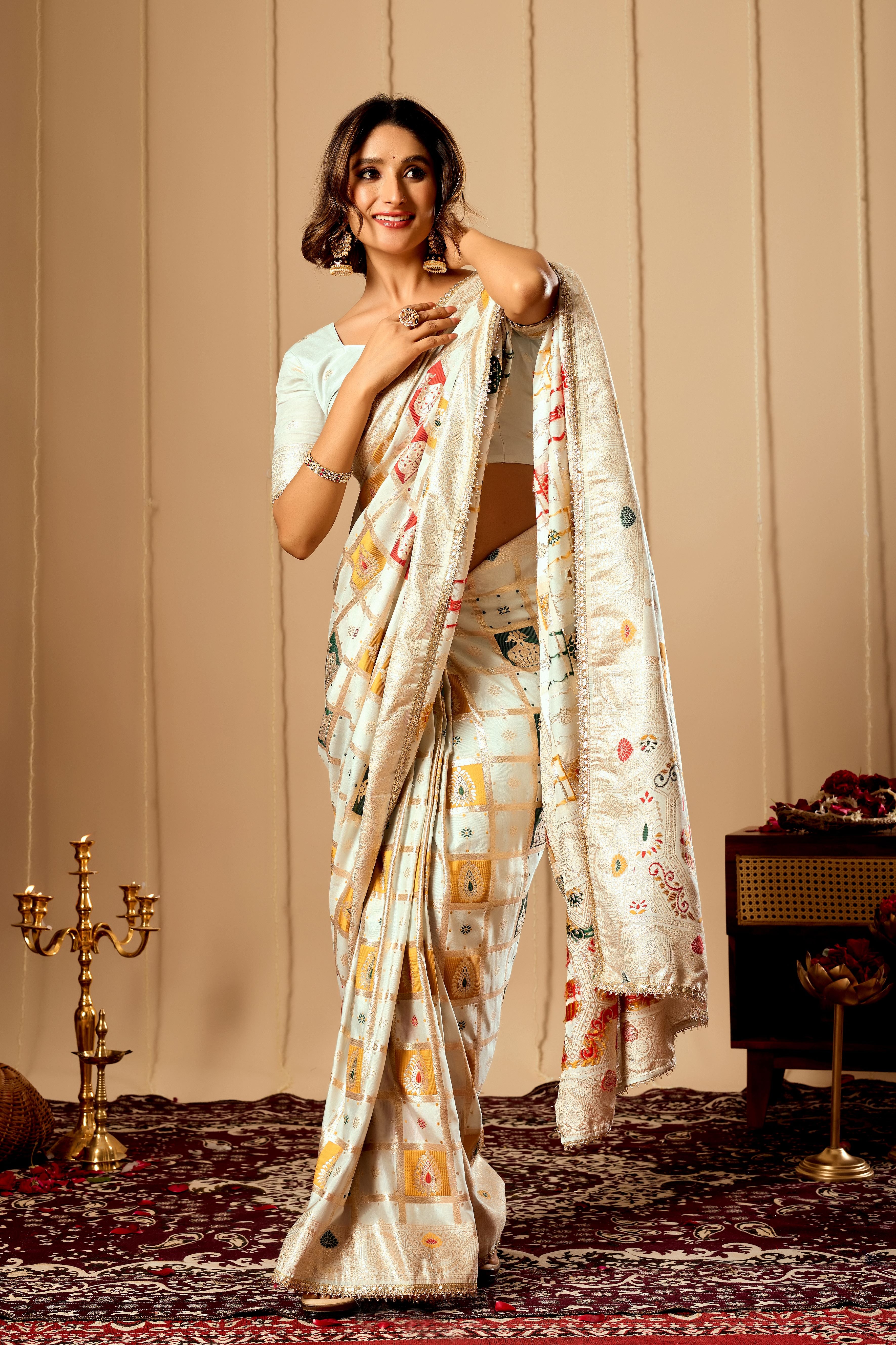 Ivory Pearl Banarasi Silk Saree | Zari Motifs & Blouse
