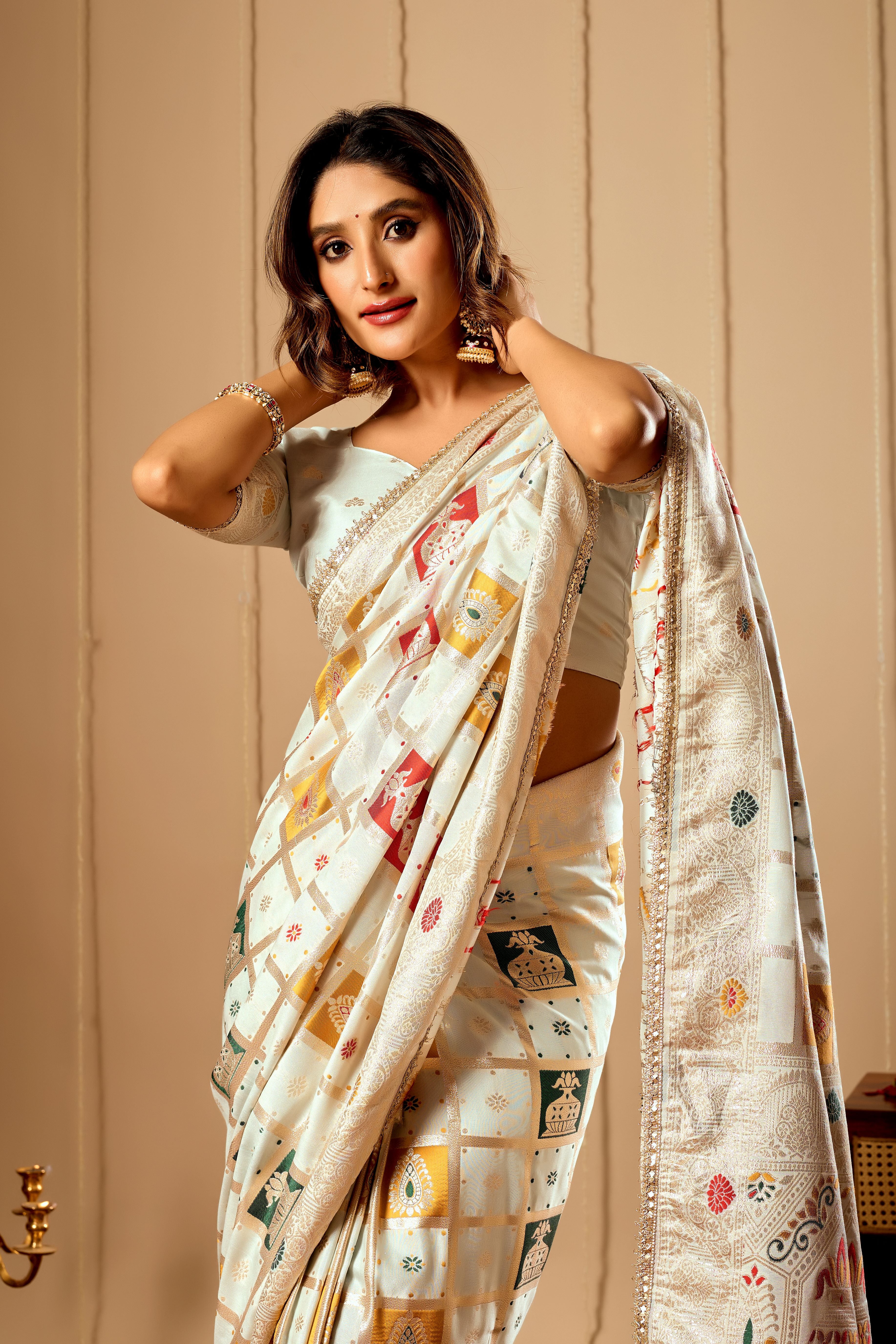 Ivory Pearl Banarasi Silk Saree | Zari Motifs & Blouse