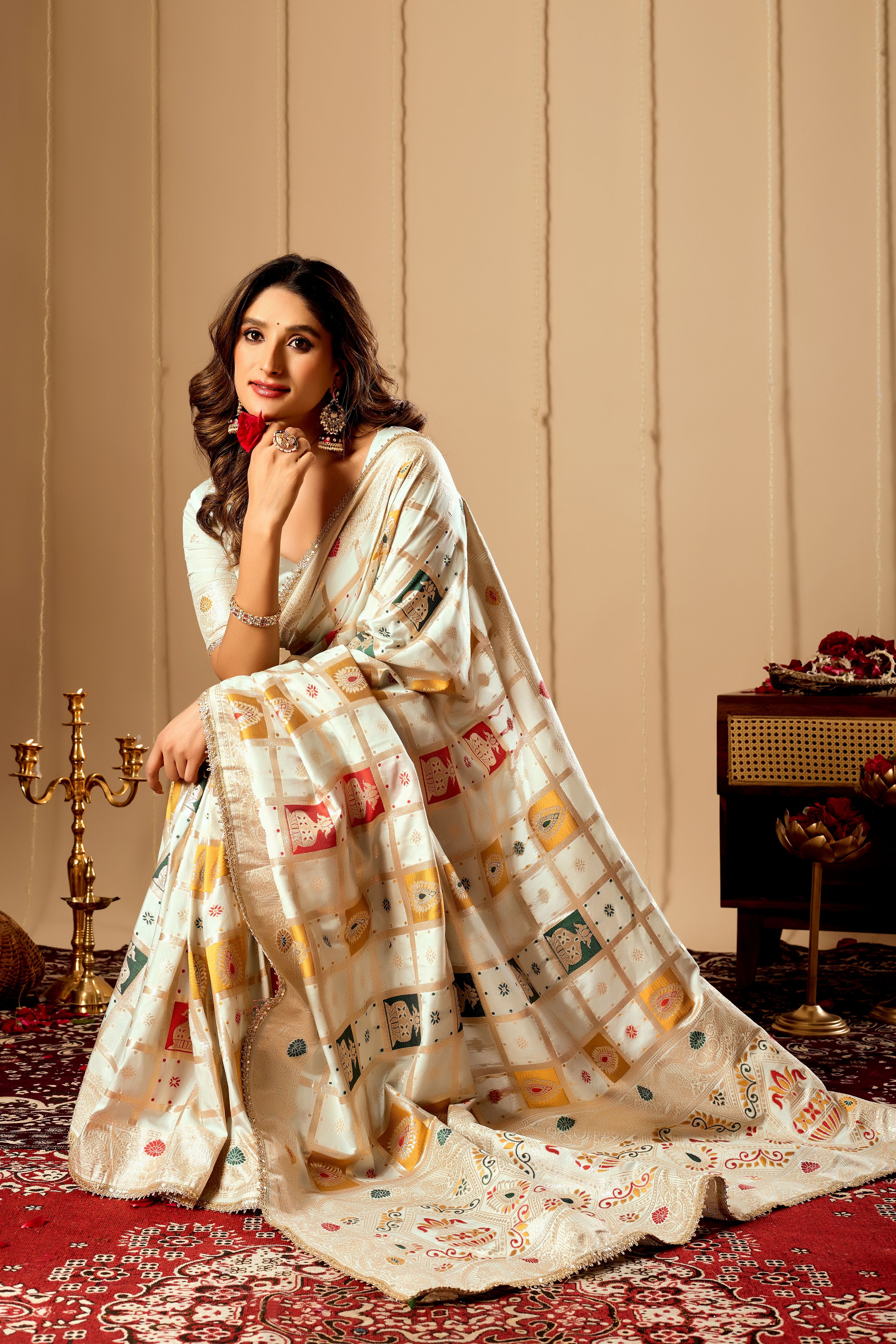 Ivory Pearl Banarasi Silk Saree | Zari Motifs & Blouse