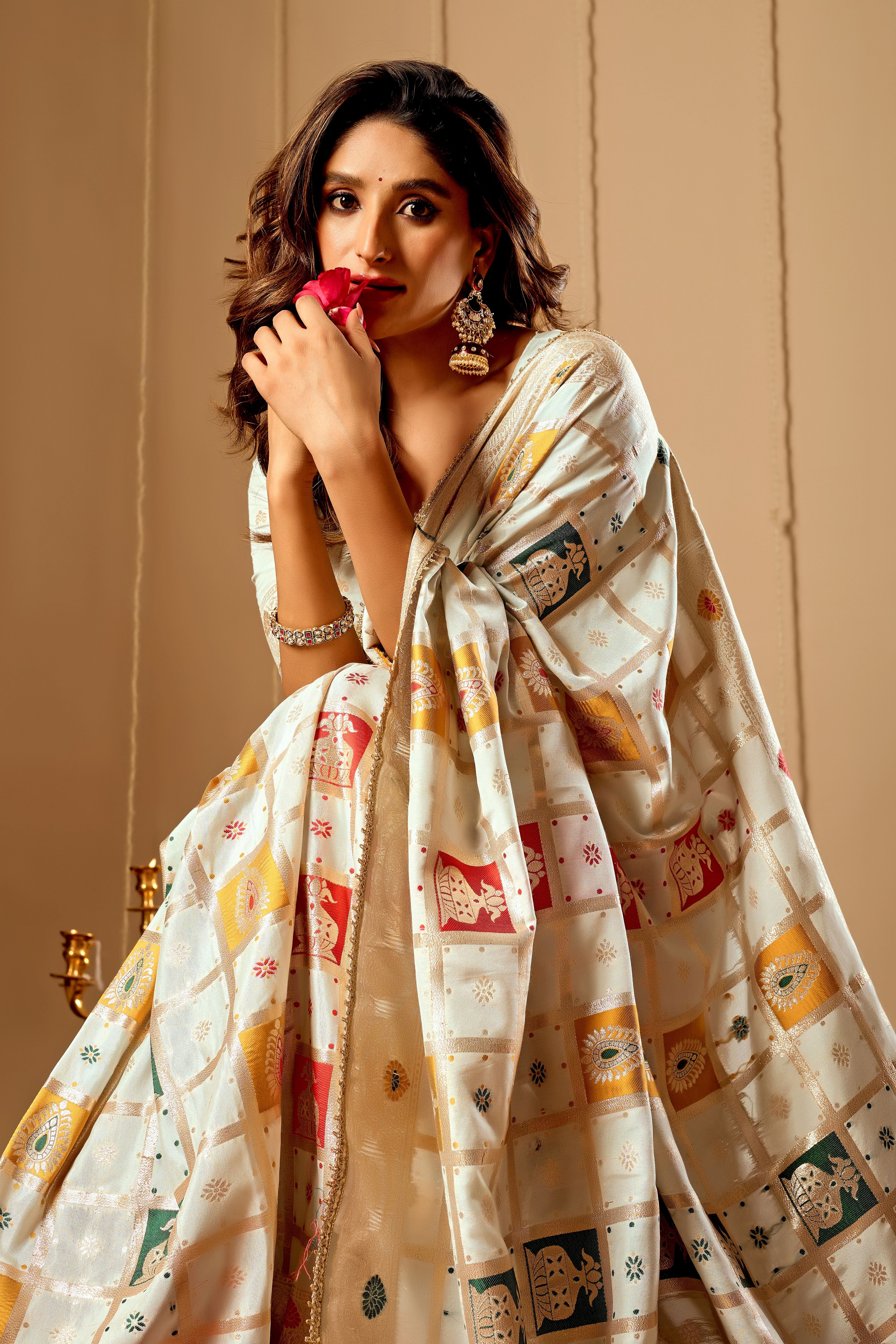 Ivory Pearl Banarasi Silk Saree | Zari Motifs & Blouse