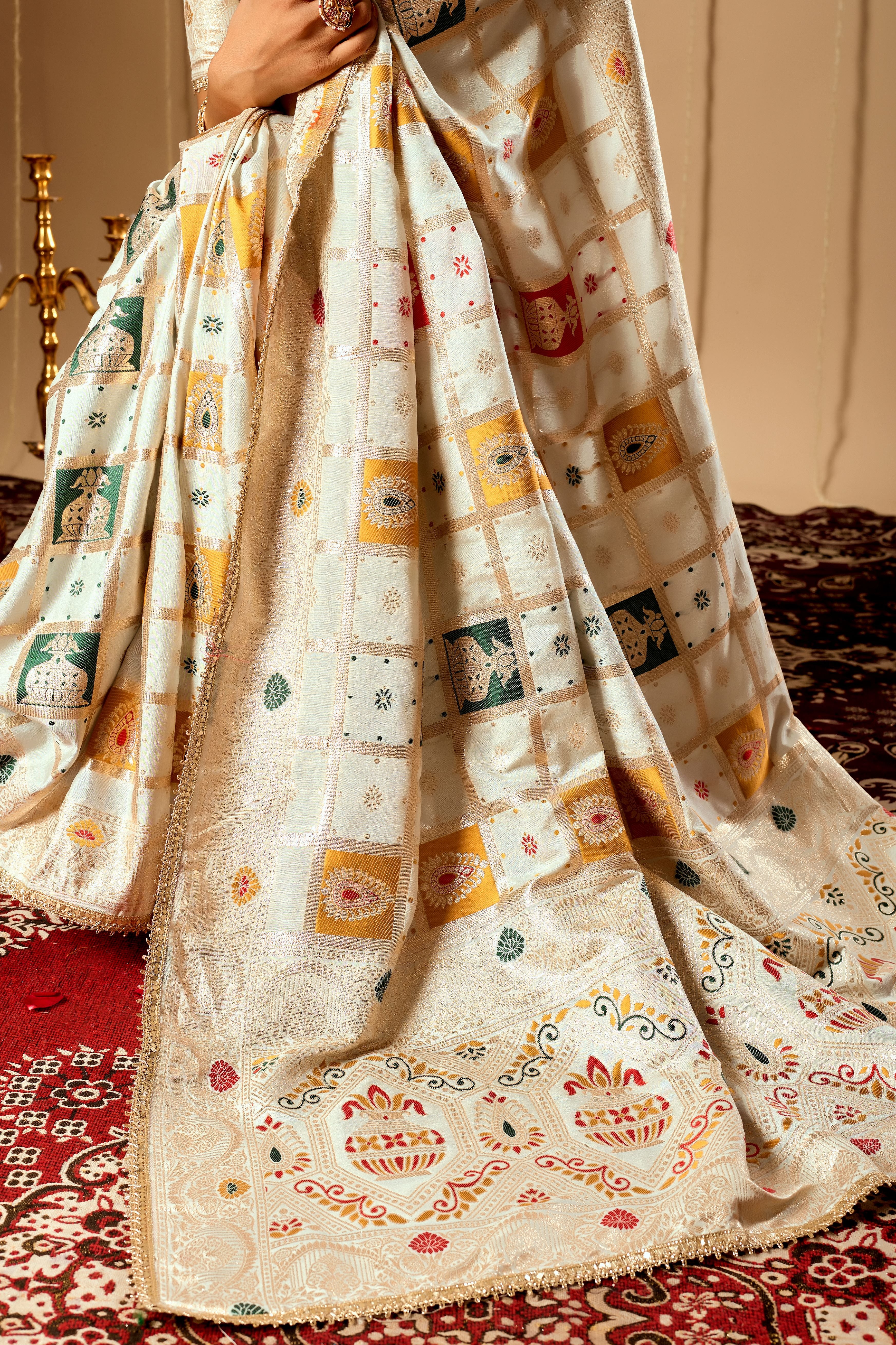 Ivory Pearl Banarasi Silk Saree | Zari Motifs & Blouse