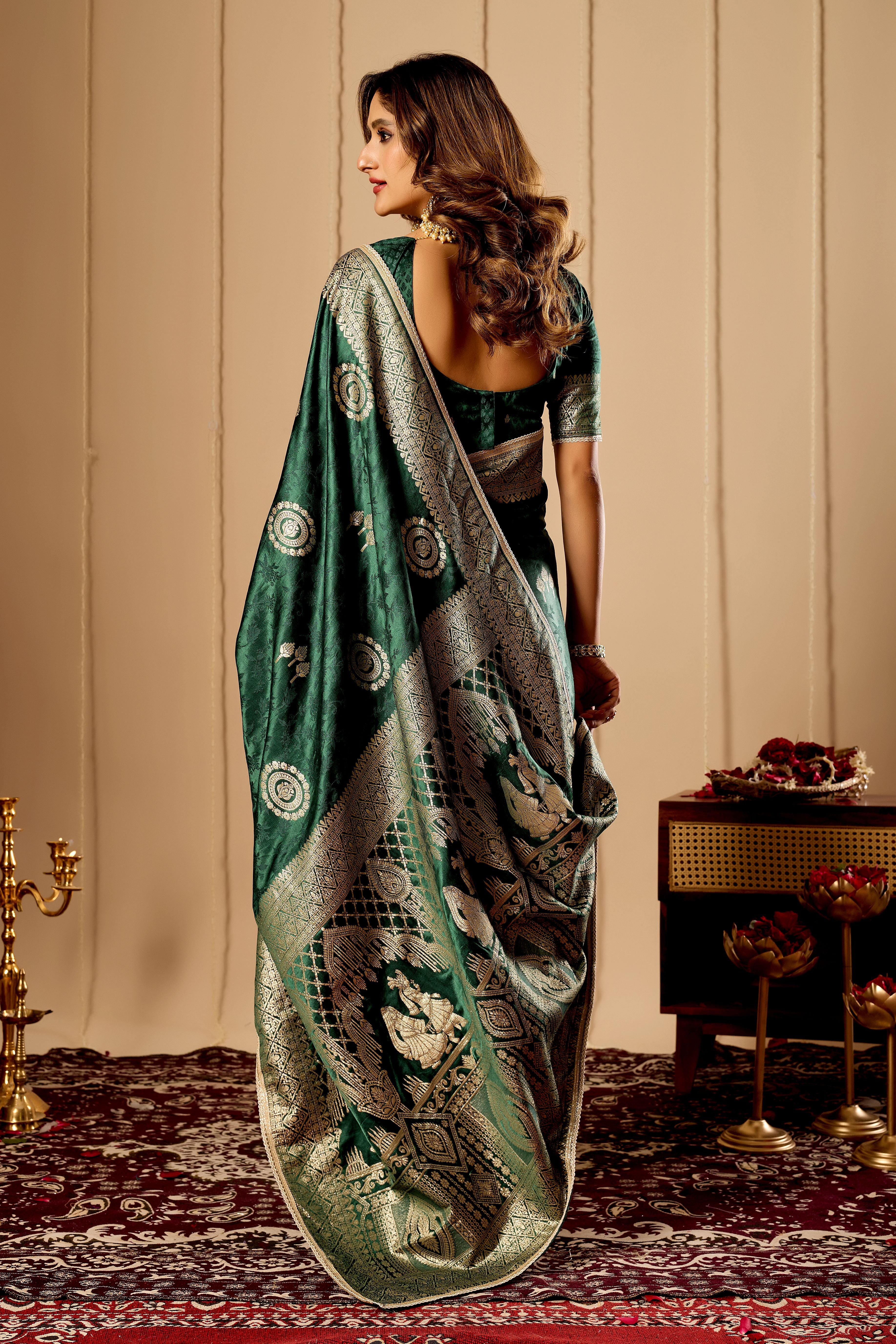 Emerald Green Banarasi Silk Saree | Gold Zari Motifs & Blouse
