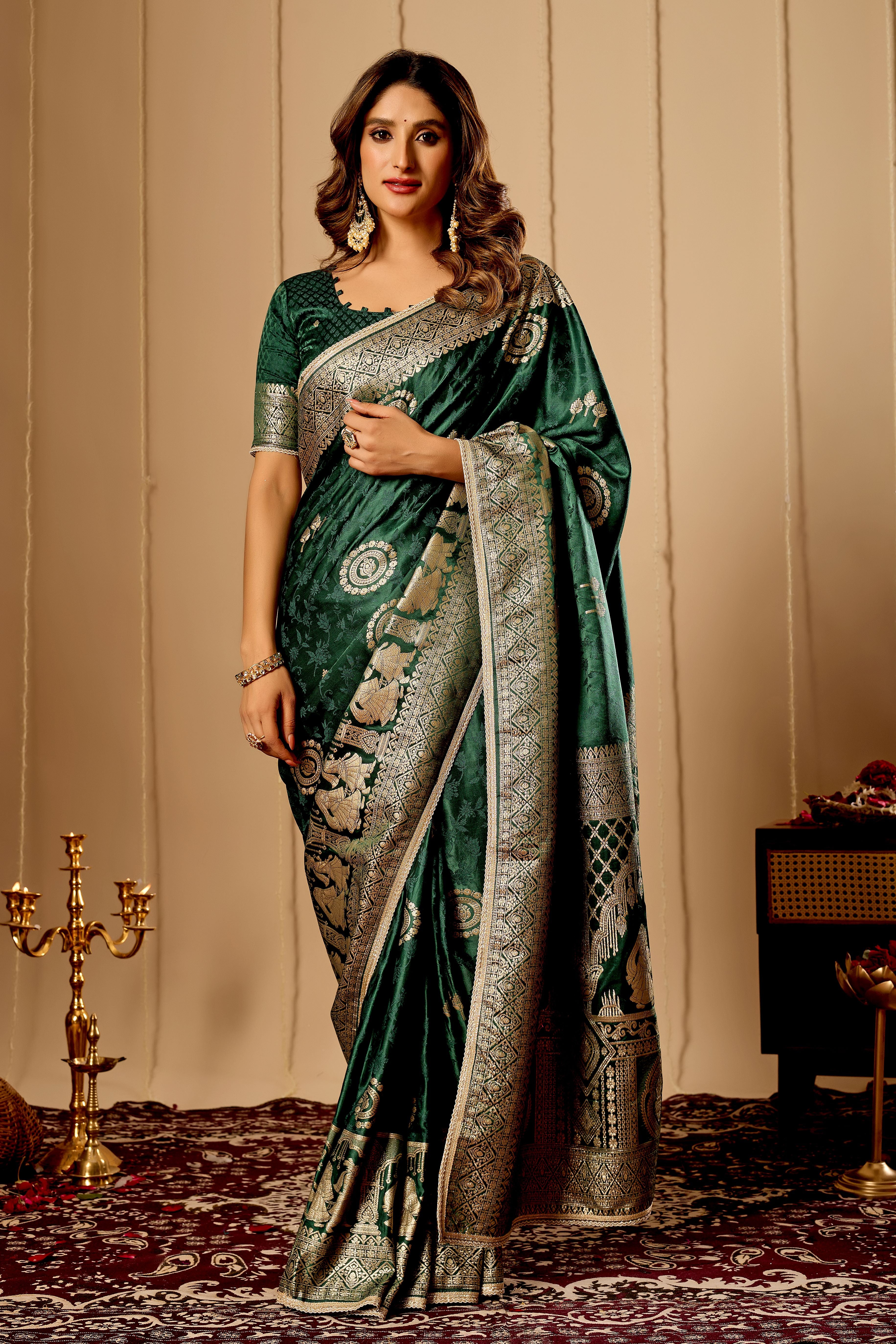 Emerald Green Banarasi Silk Saree | Gold Zari Motifs & Blouse