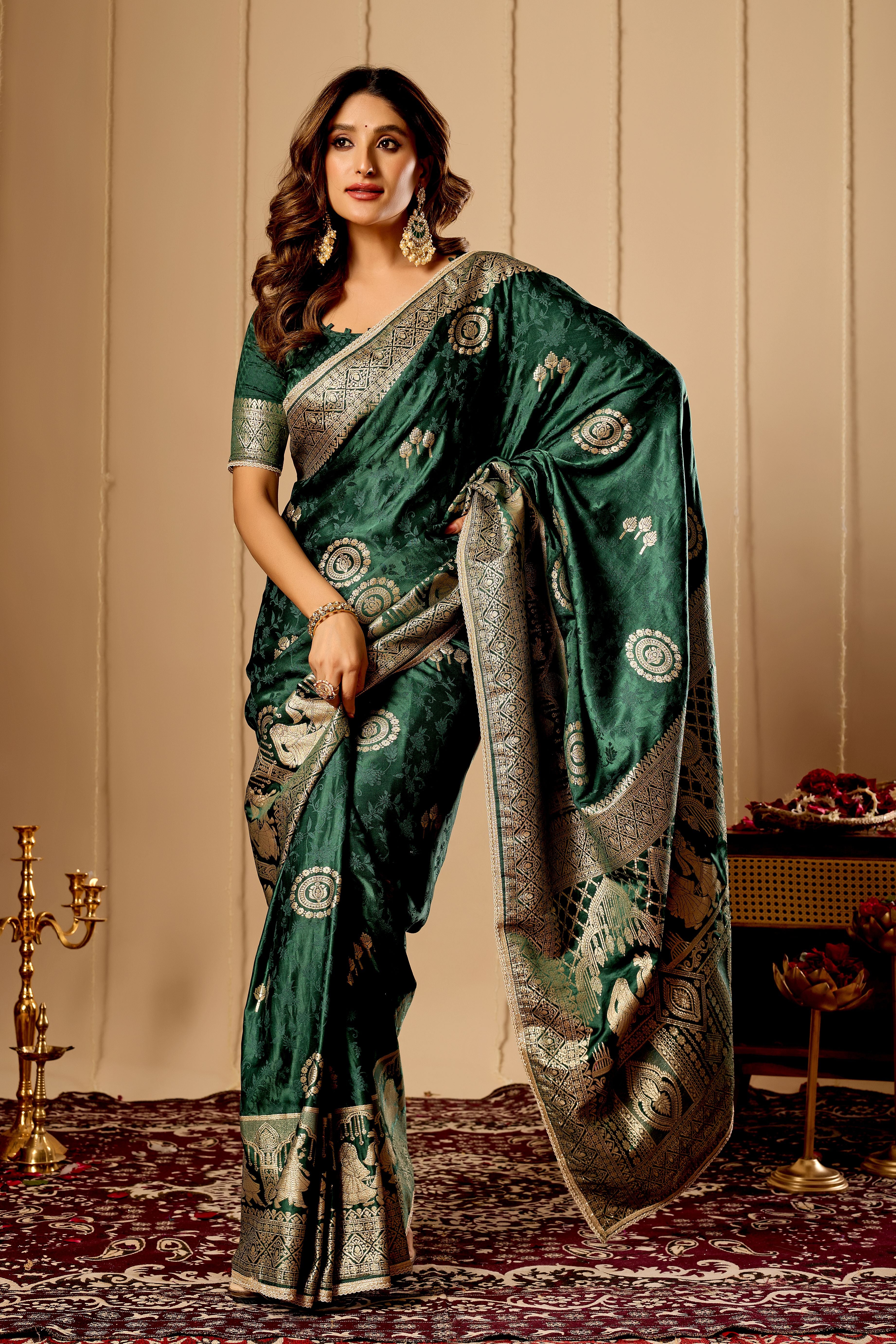 Emerald Green Banarasi Silk Saree | Gold Zari Motifs & Blouse