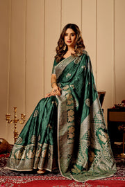 Emerald Green Banarasi Silk Saree | Gold Zari Motifs & Blouse