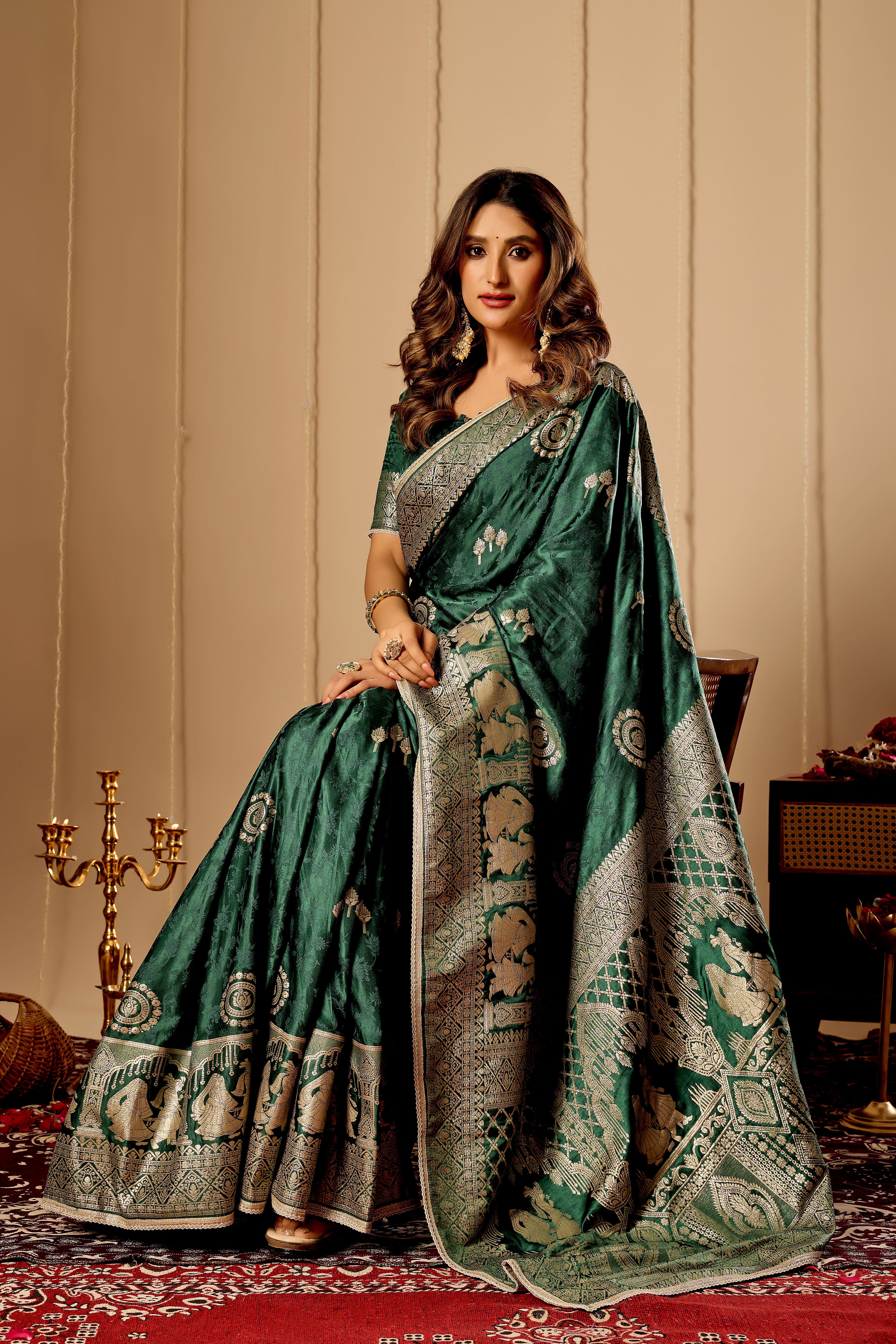 Emerald Green Banarasi Silk Saree | Gold Zari Motifs & Blouse