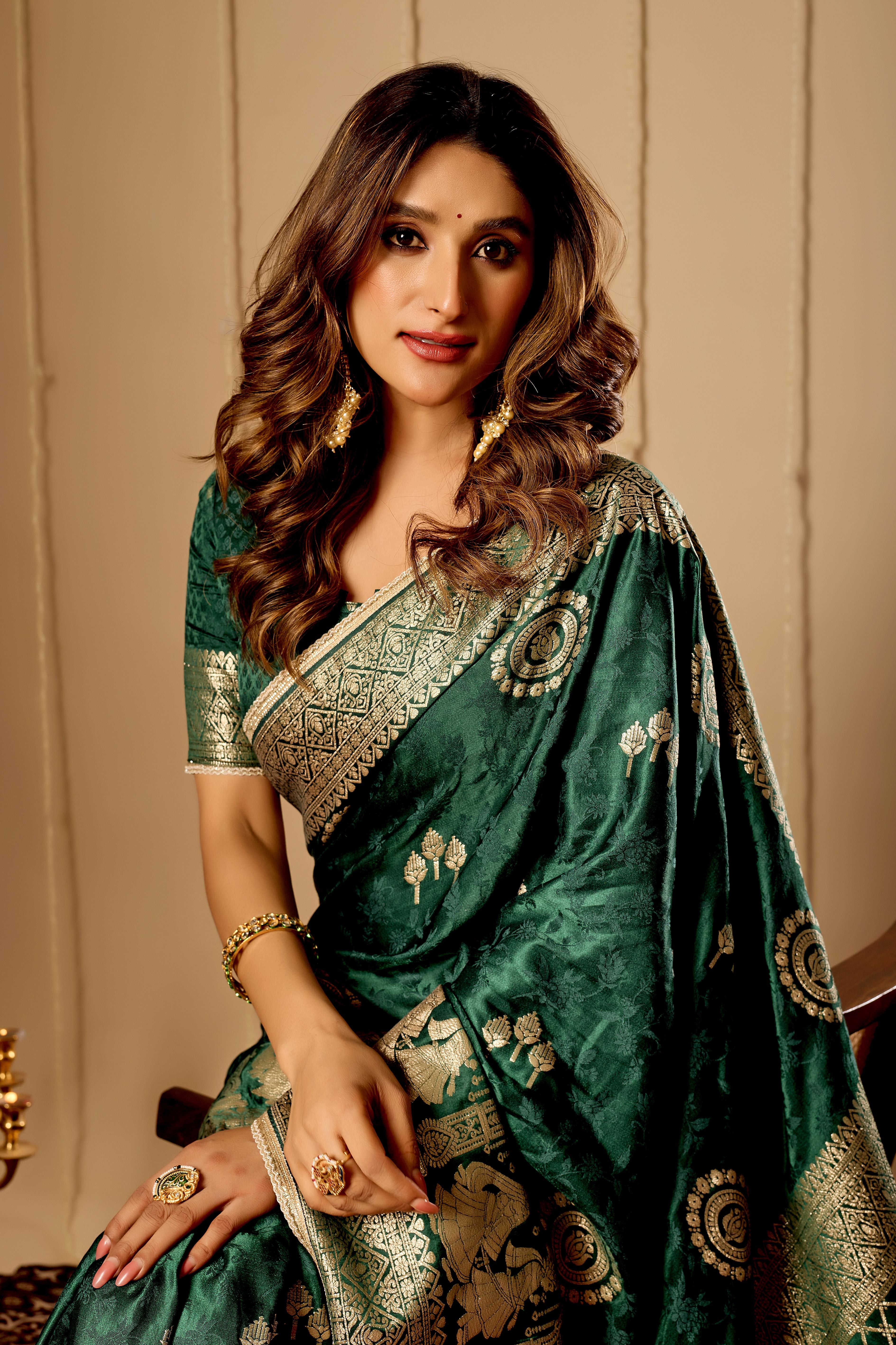 Emerald Green Banarasi Silk Saree | Gold Zari Motifs & Blouse