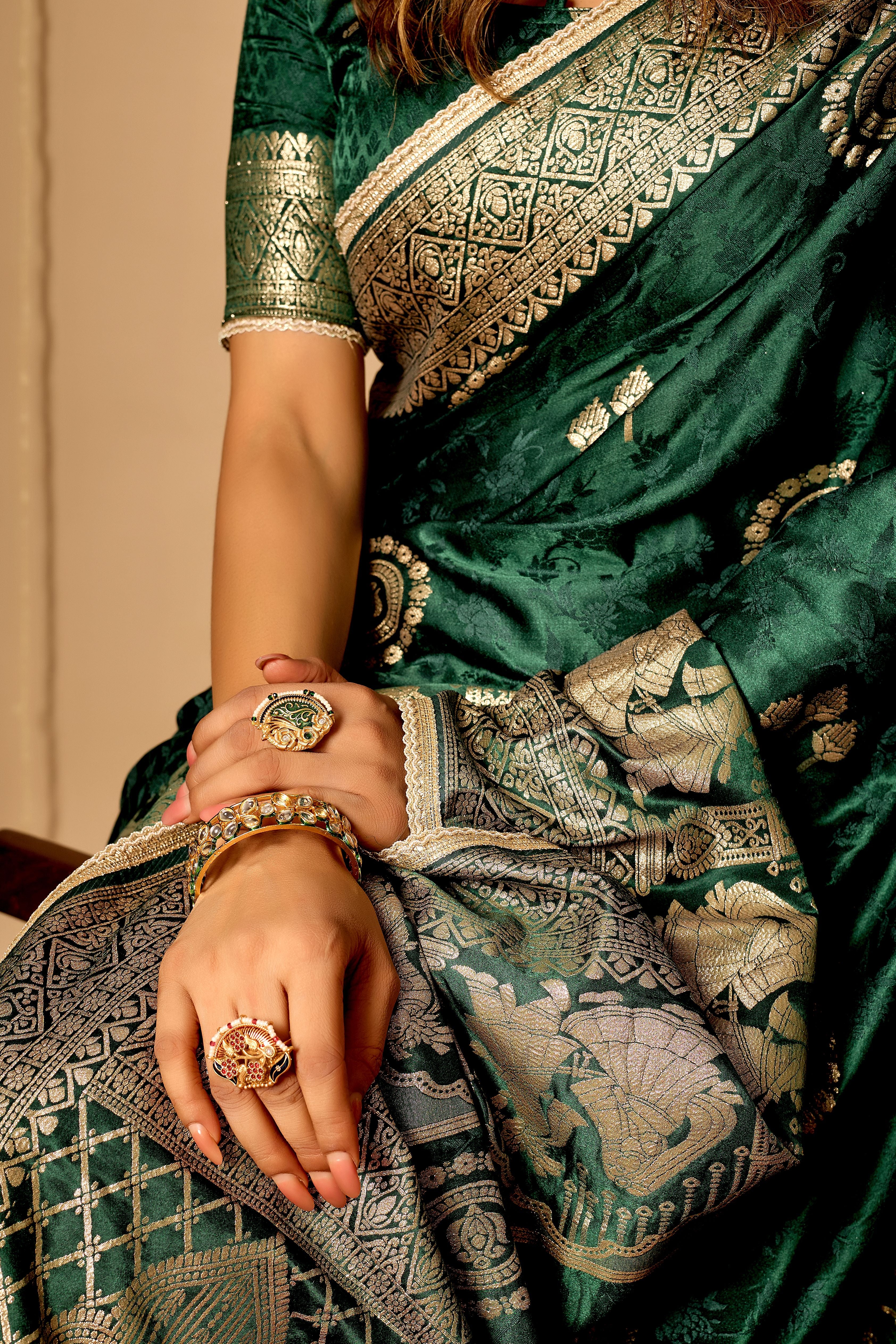 Emerald Green Banarasi Silk Saree | Gold Zari Motifs & Blouse