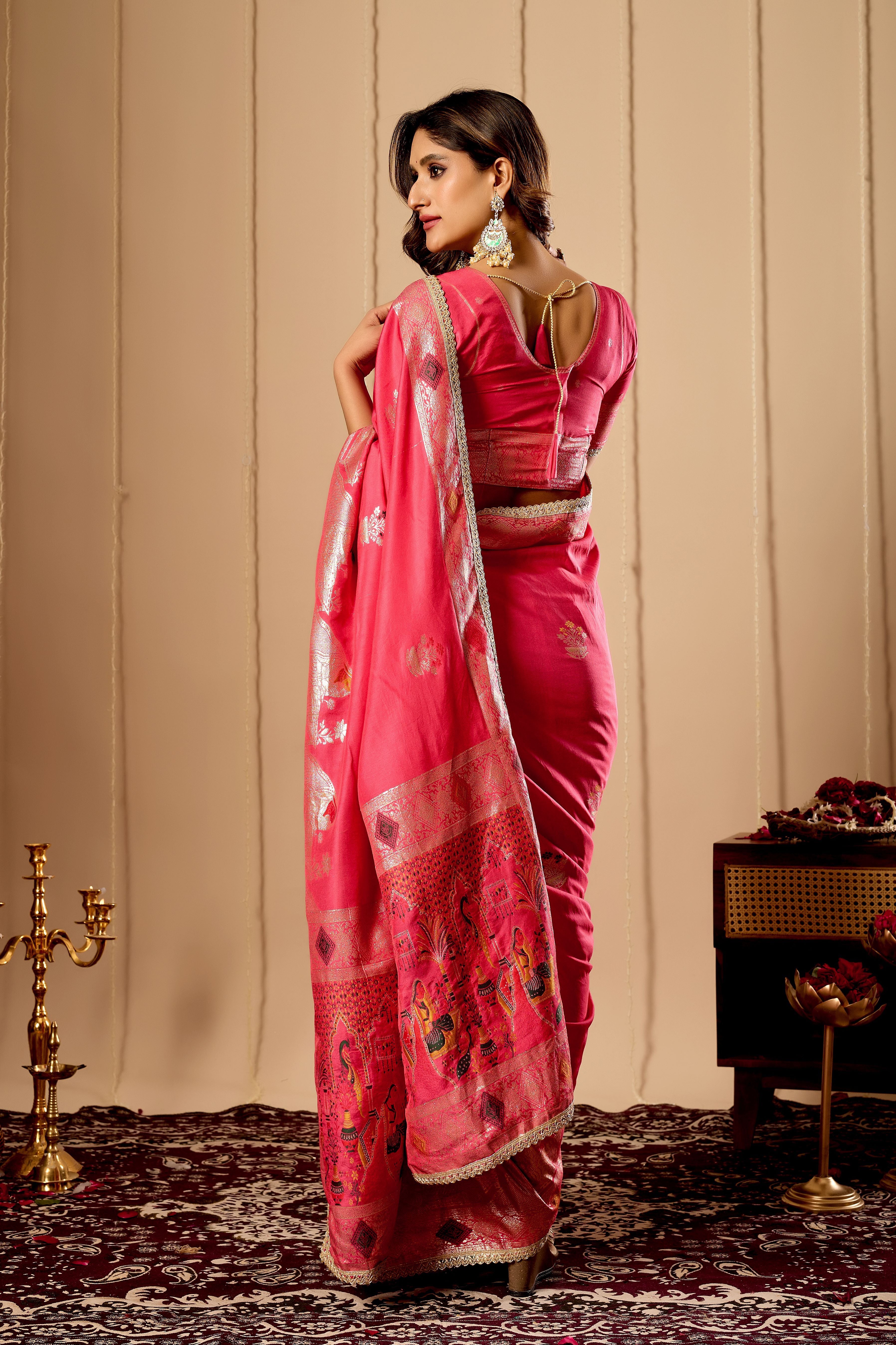 Rose Pink Banarasi Silk Saree | Gold Zari & Blouse Piece