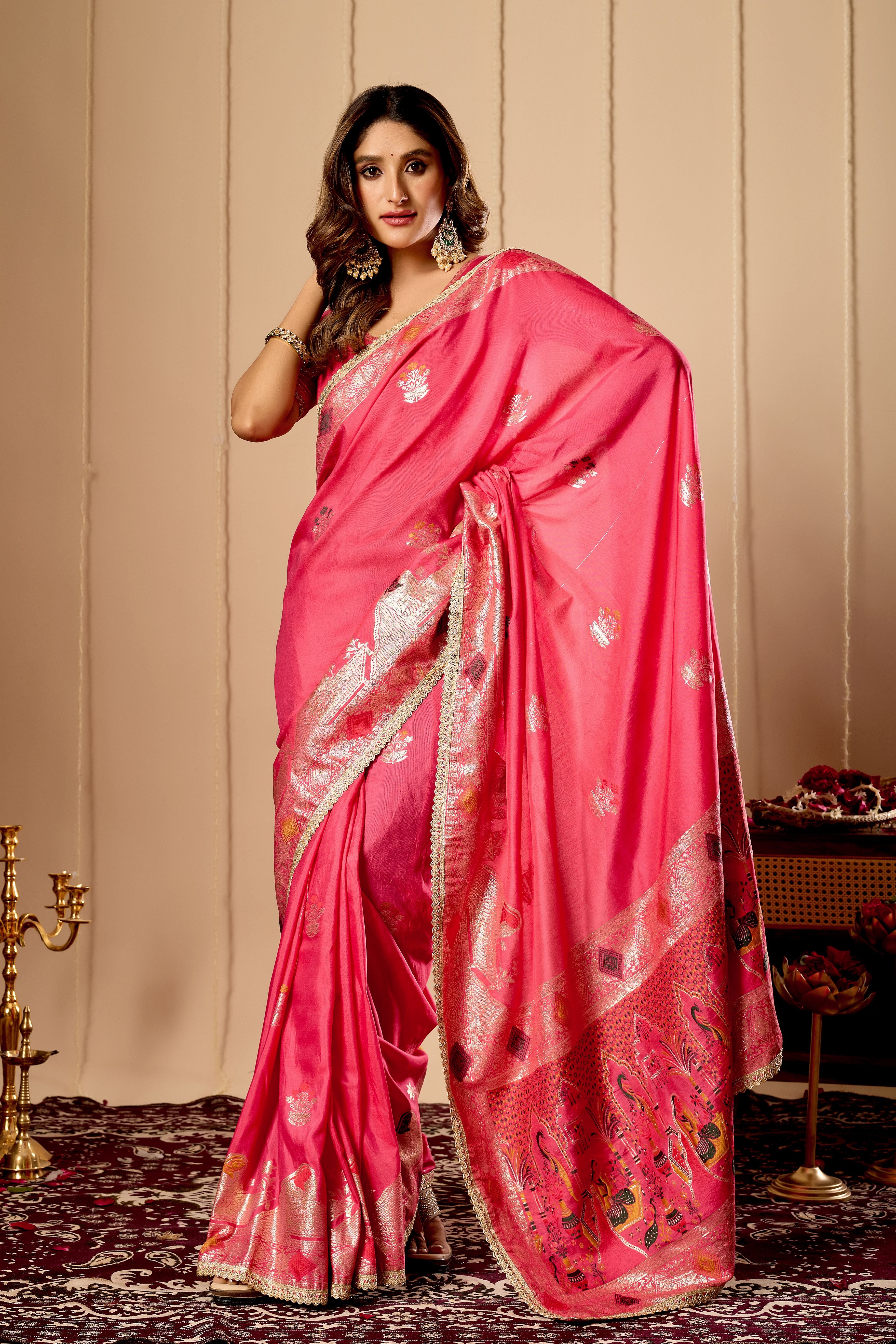Rose Pink Banarasi Silk Saree | Gold Zari & Blouse Piece