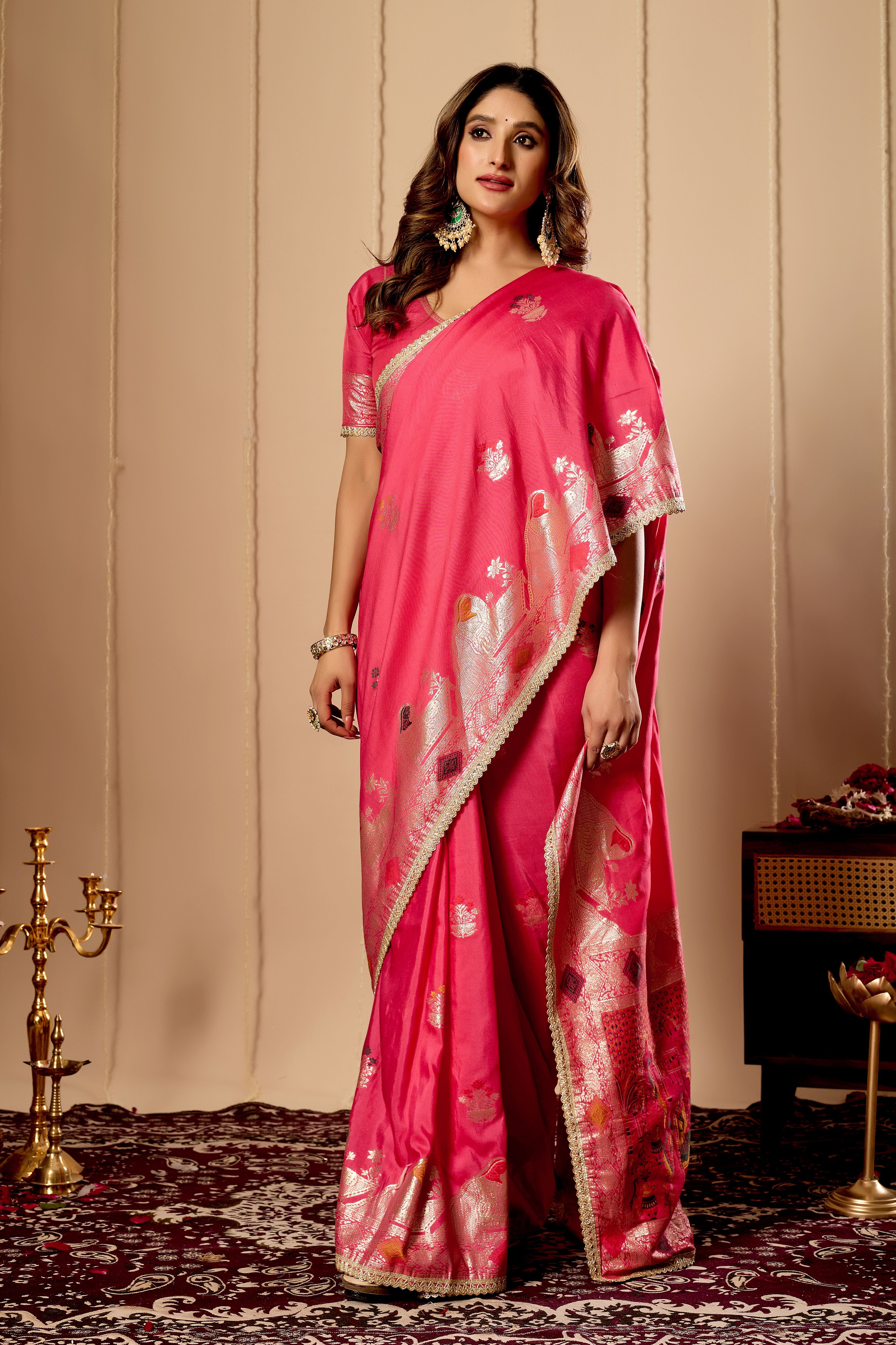 Rose Pink Banarasi Silk Saree | Gold Zari & Blouse Piece