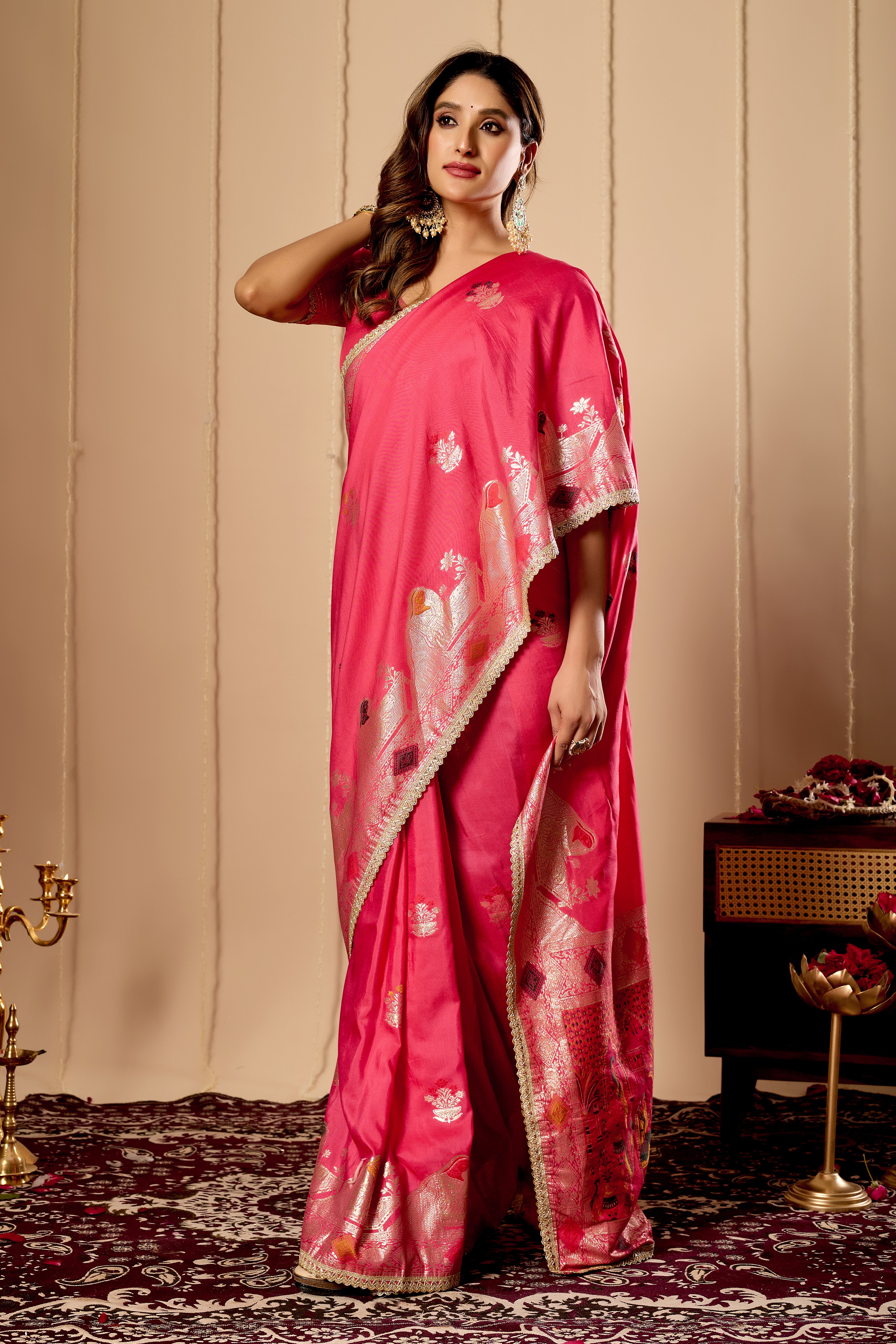 Rose Pink Banarasi Silk Saree | Gold Zari & Blouse Piece